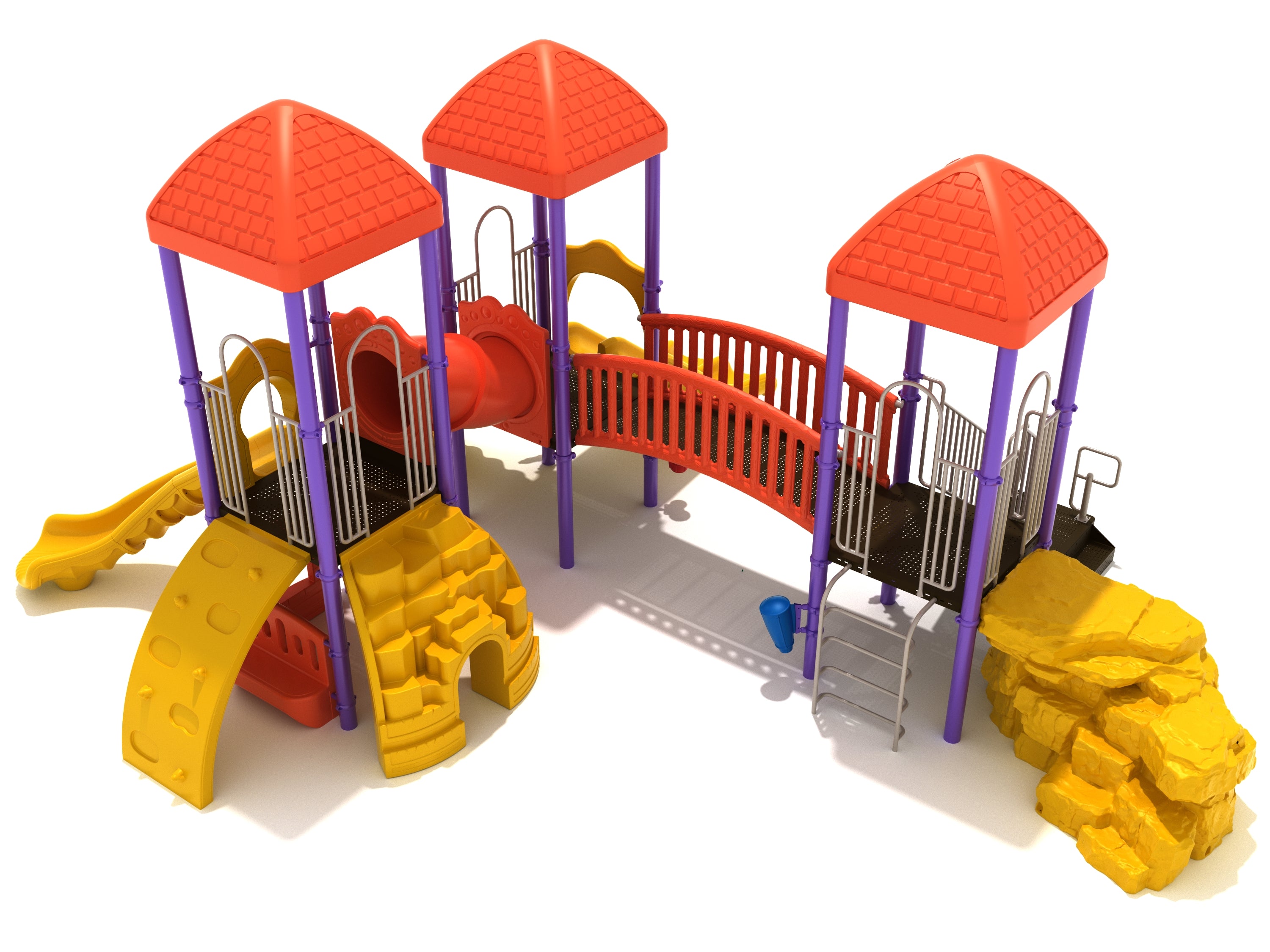 Evans Playground play system with red roofs, purple posts, yellow rock climbers, slides, and red bridge connecting platforms