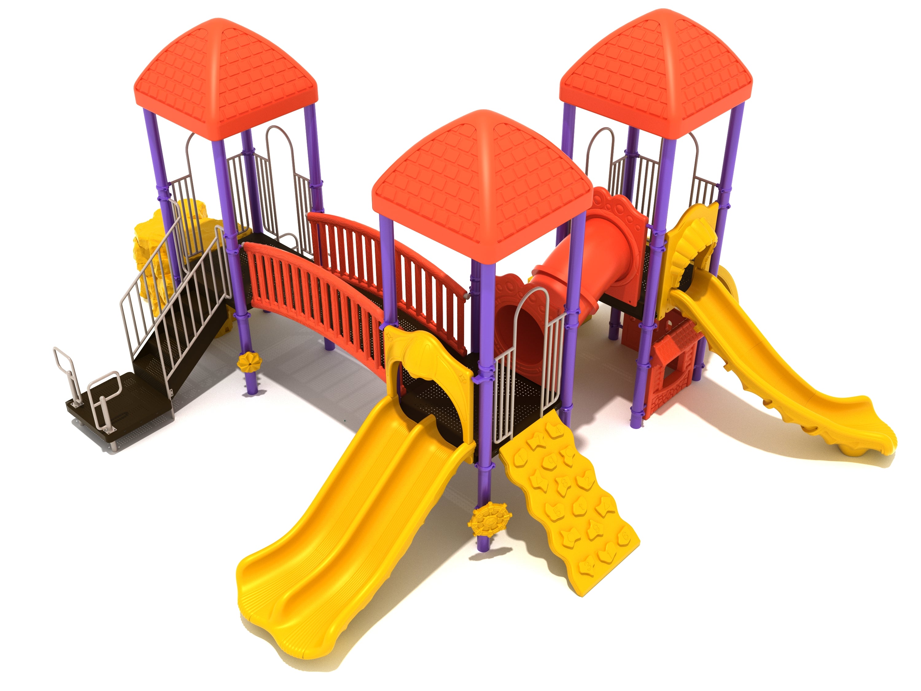 Colorful playground structure with red roofs, yellow slides, climbing walls, tube slide, bridges, and interactive panels