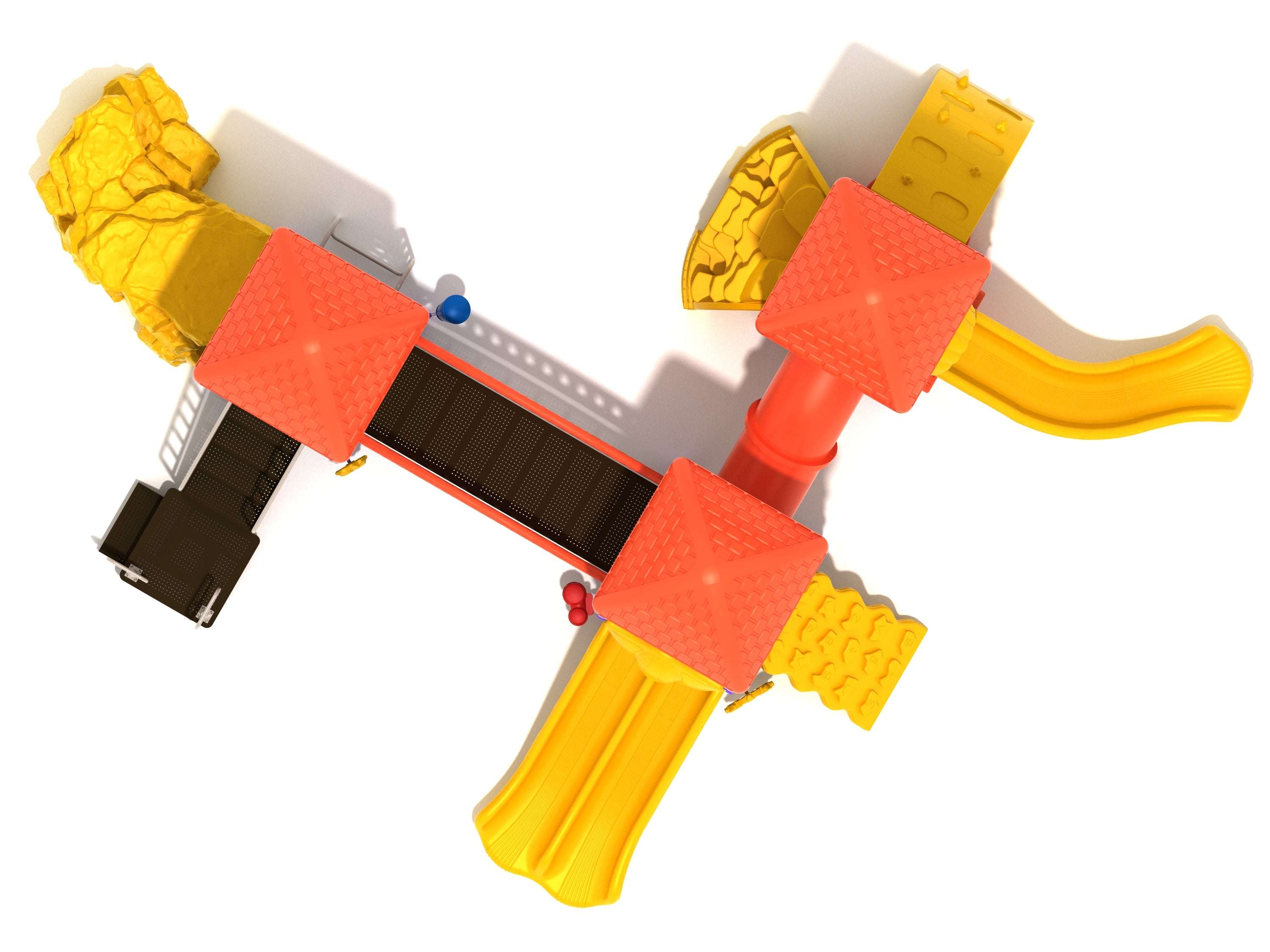 Overhead view of colorful playground with red roofs, yellow slides, rock climbers, bridges, and climbing structures