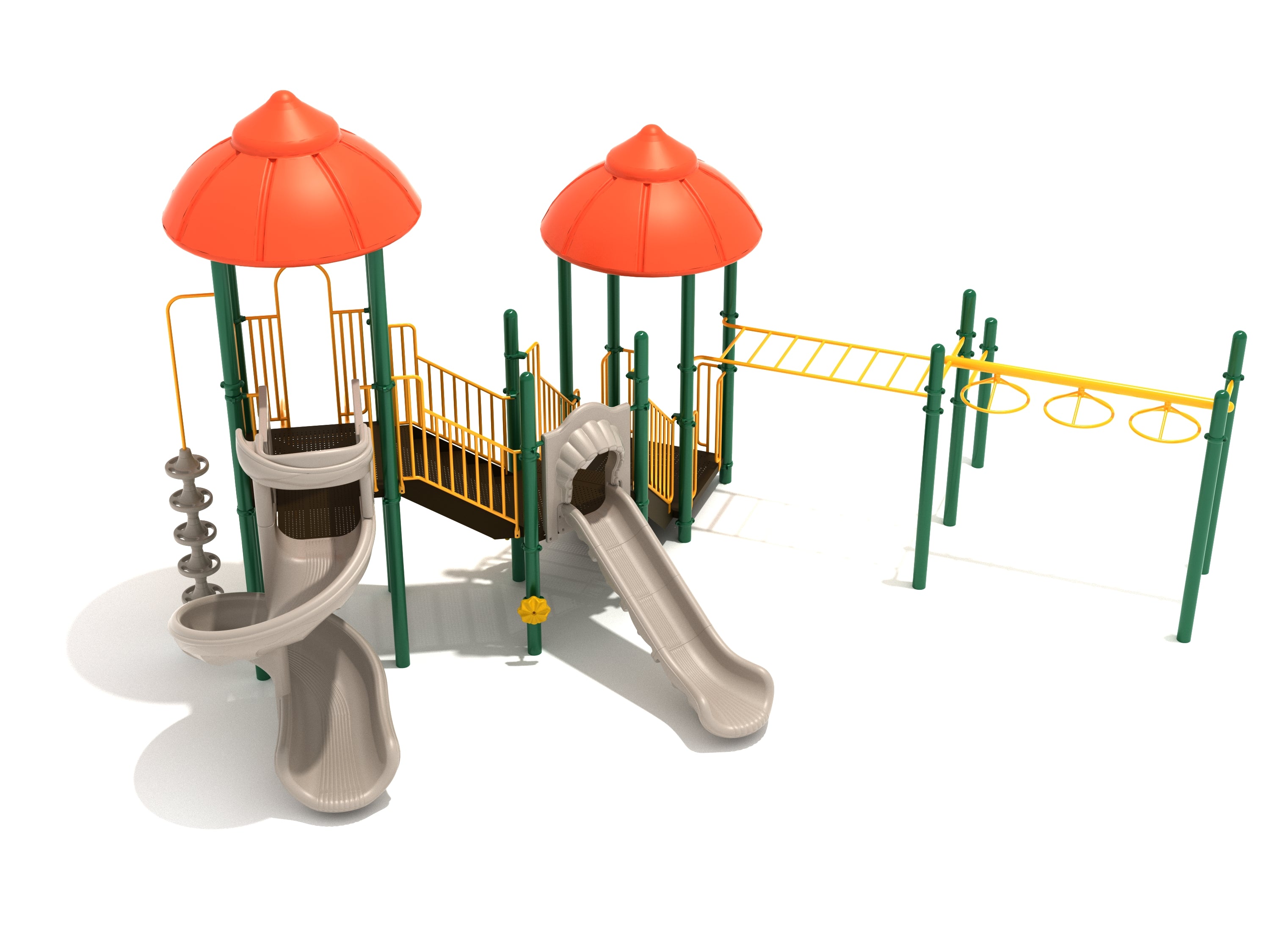 Shasta Playground with orange turret roofs, beige slides, green posts, yellow railings, overhead climbing bars, and inclusive play features
