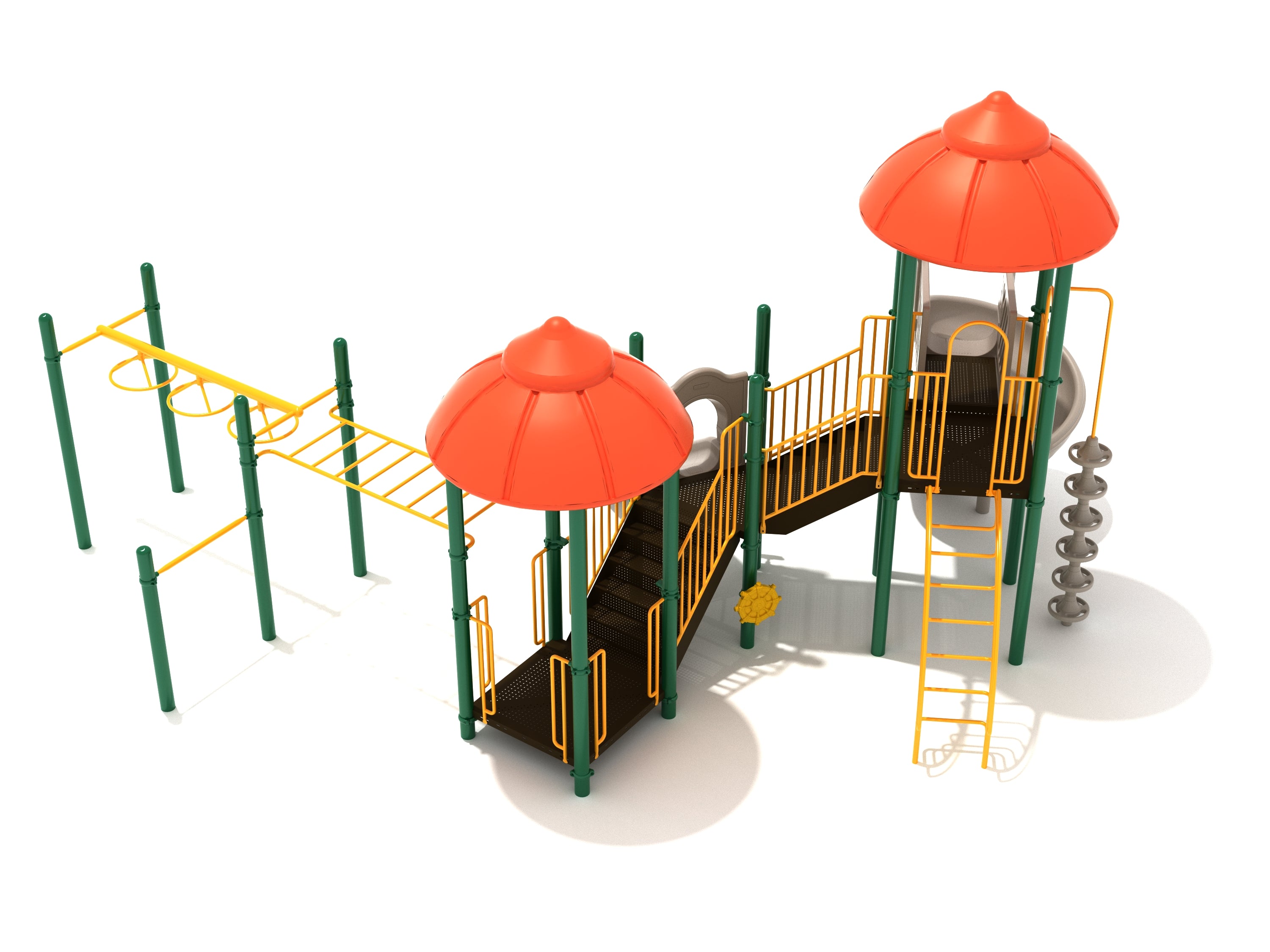 Playground structure with two orange turret roofs, green and yellow slides, climbing ladders, and overhead horizontal ladder