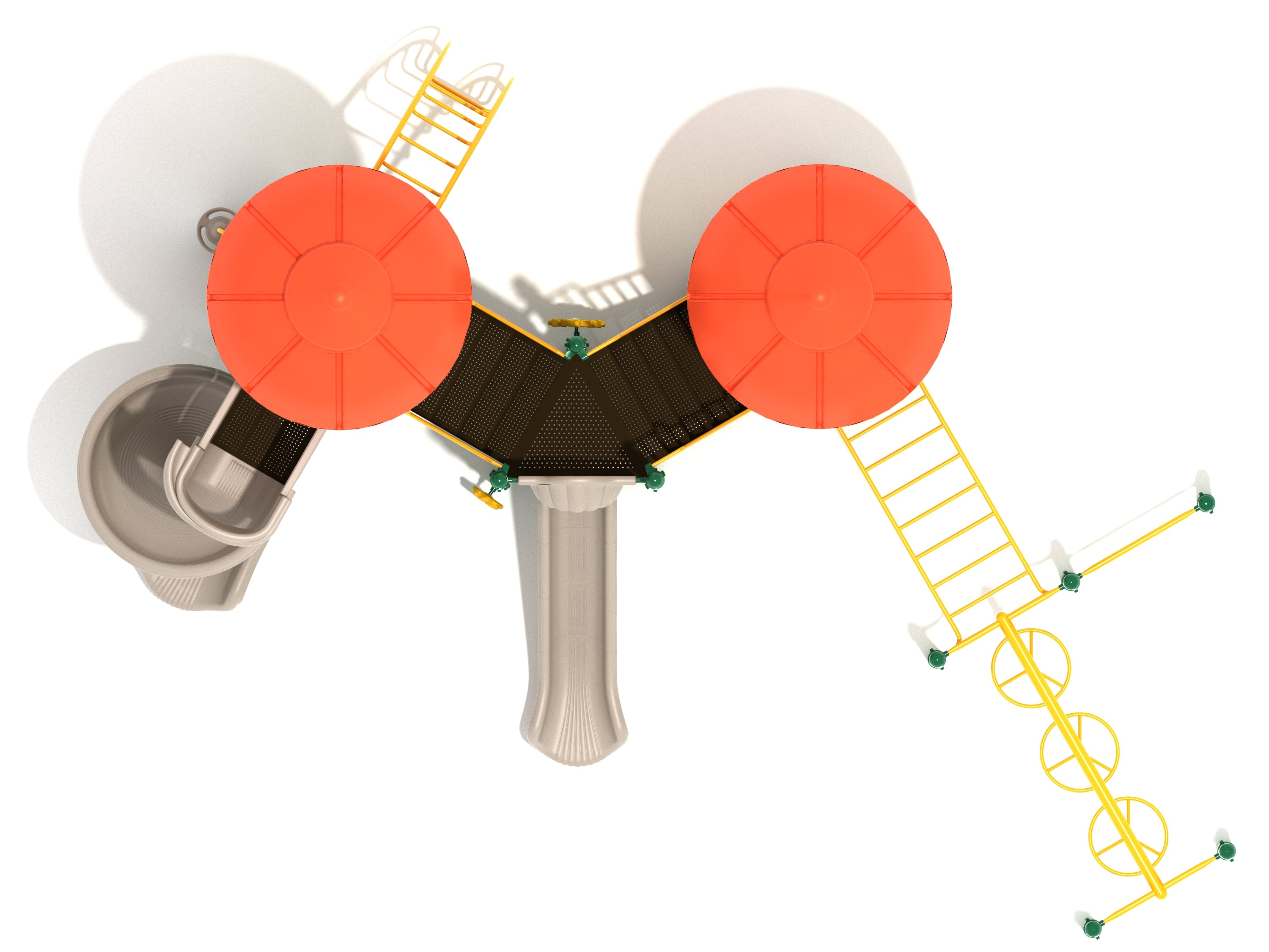 Overhead view of a large inclusive playground system with red turrets, slides, yellow climbing ladders, and interactive play features