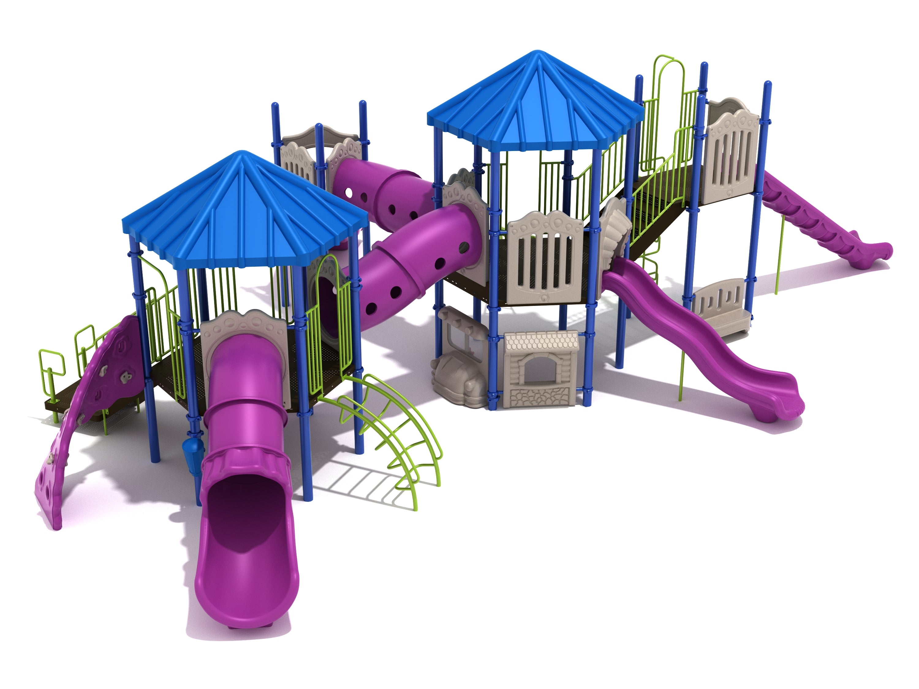 Large colorful playground structure with blue roofs, purple slides, green climbers, and interconnected crawl tubes.