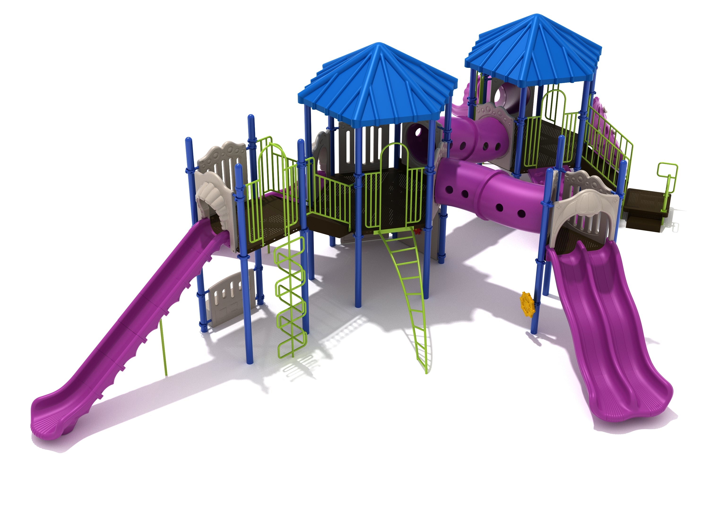 Large colorful playground structure with blue roofs, purple slides, green climbers, and interconnected crawl tubes.