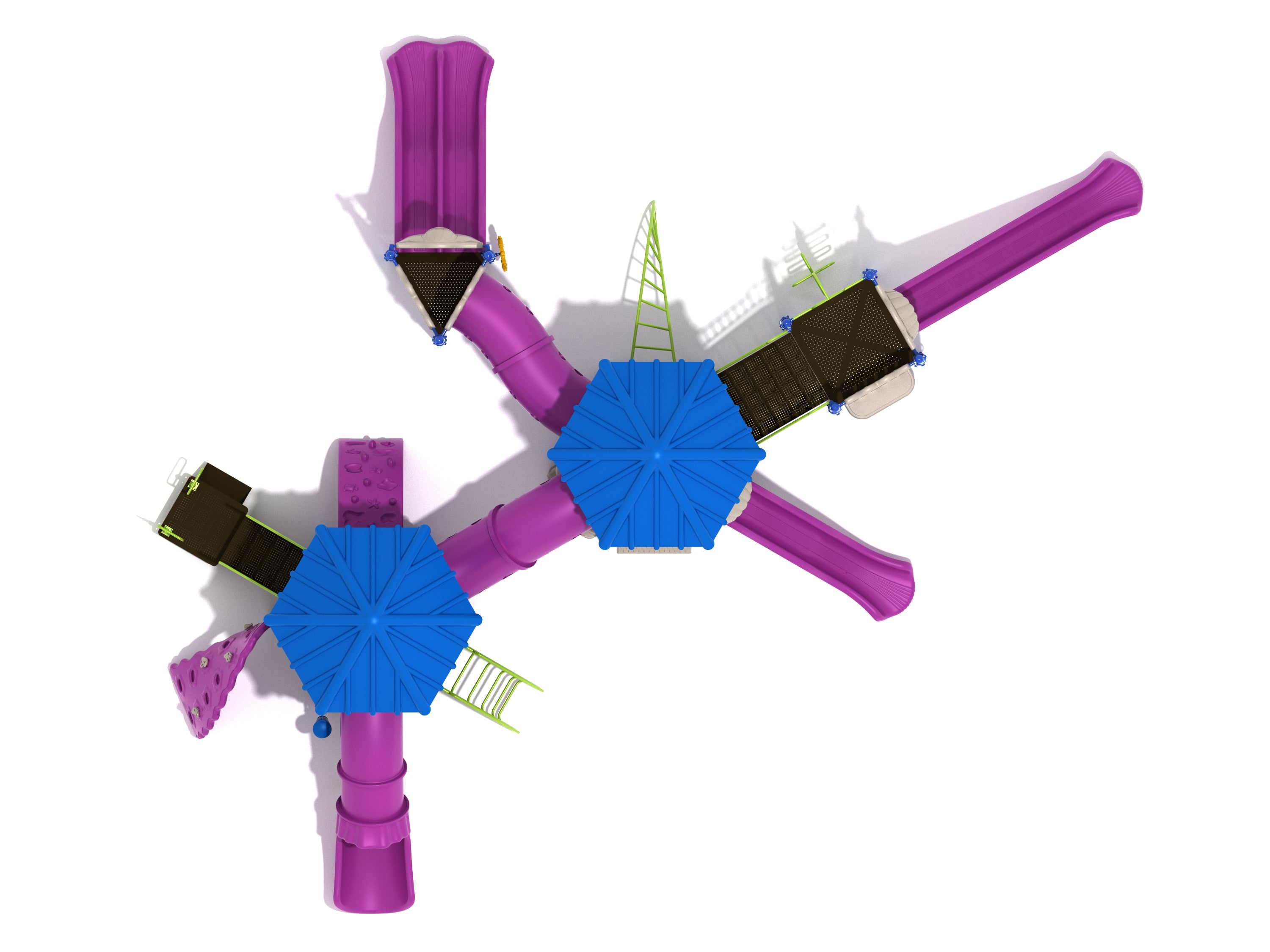 Overhead view of Augusta Playground with blue roofs, purple slides, crawl tubes, and green climbers on white background