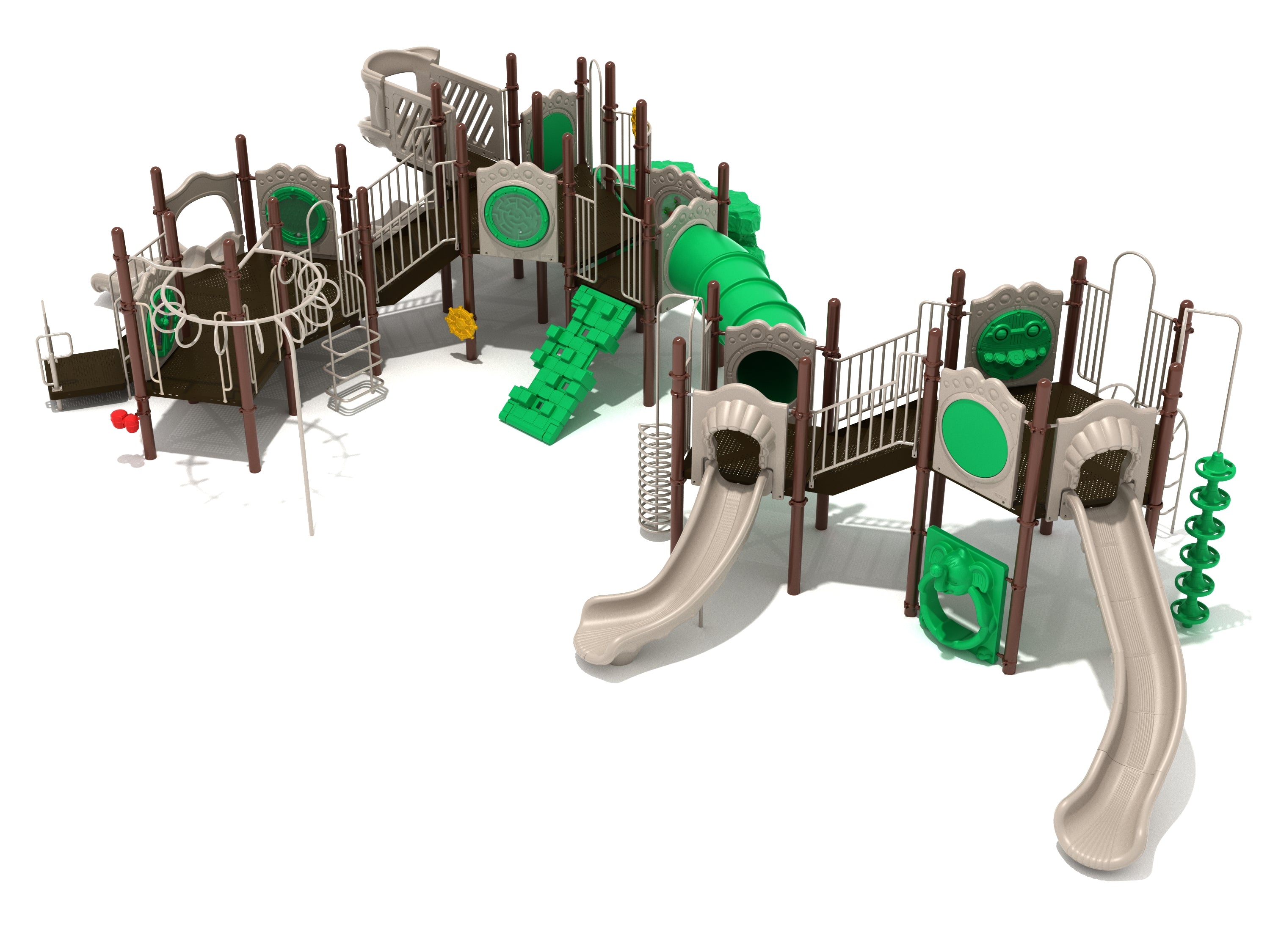Bonita Bay Playground large play system with multiple slides, climbers, tube bridge, and activity panels in green and beige.