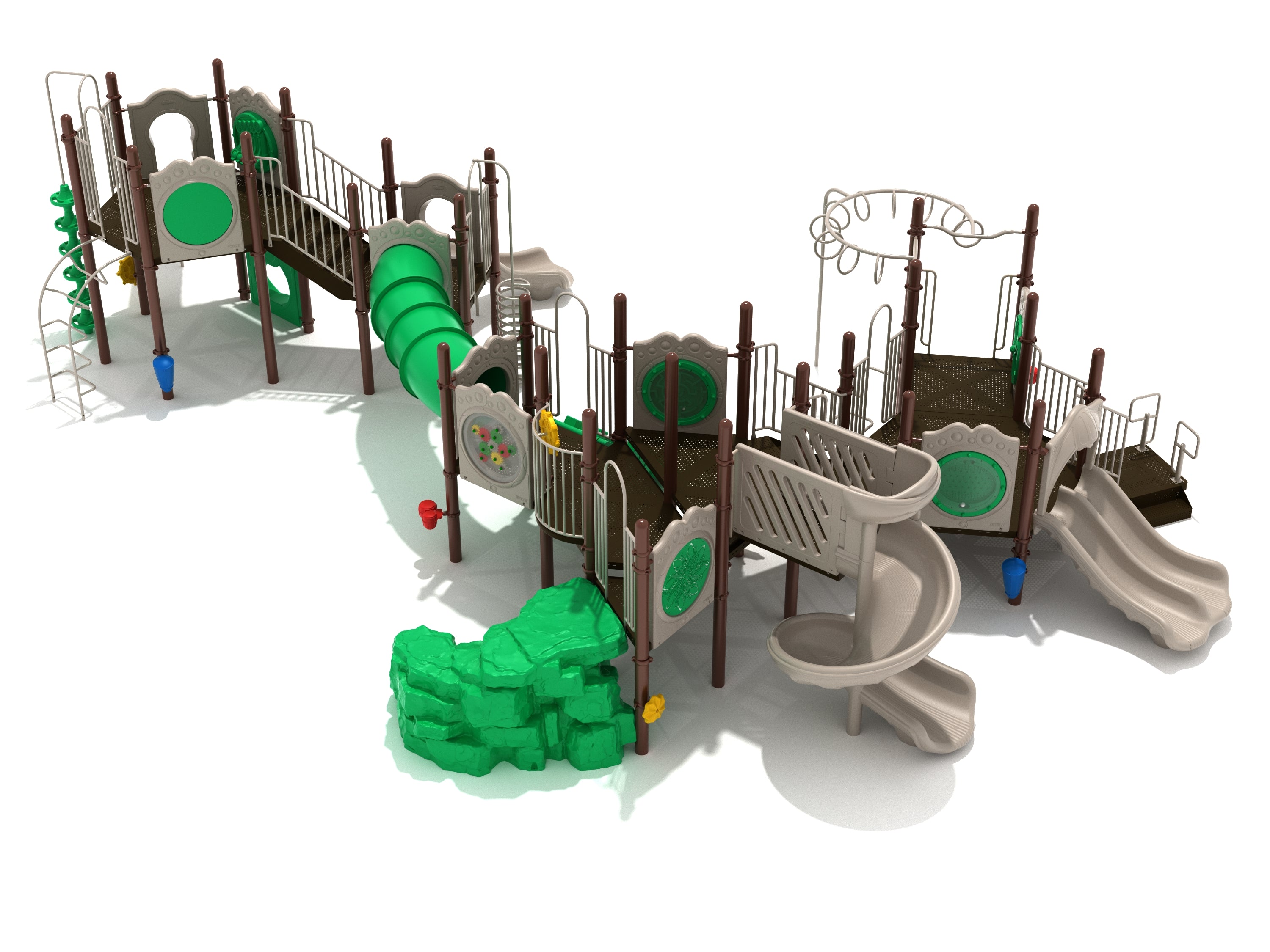 Large green and beige playground with spiral and double slides, tube bridge, rock climber, and overhead loop ladder.
