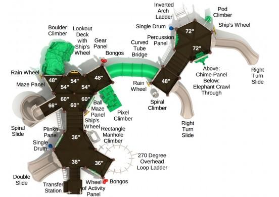 Overhead view of large playground with spiral, double, and turn slides, tube bridge, climbers, ladders, and activity panels