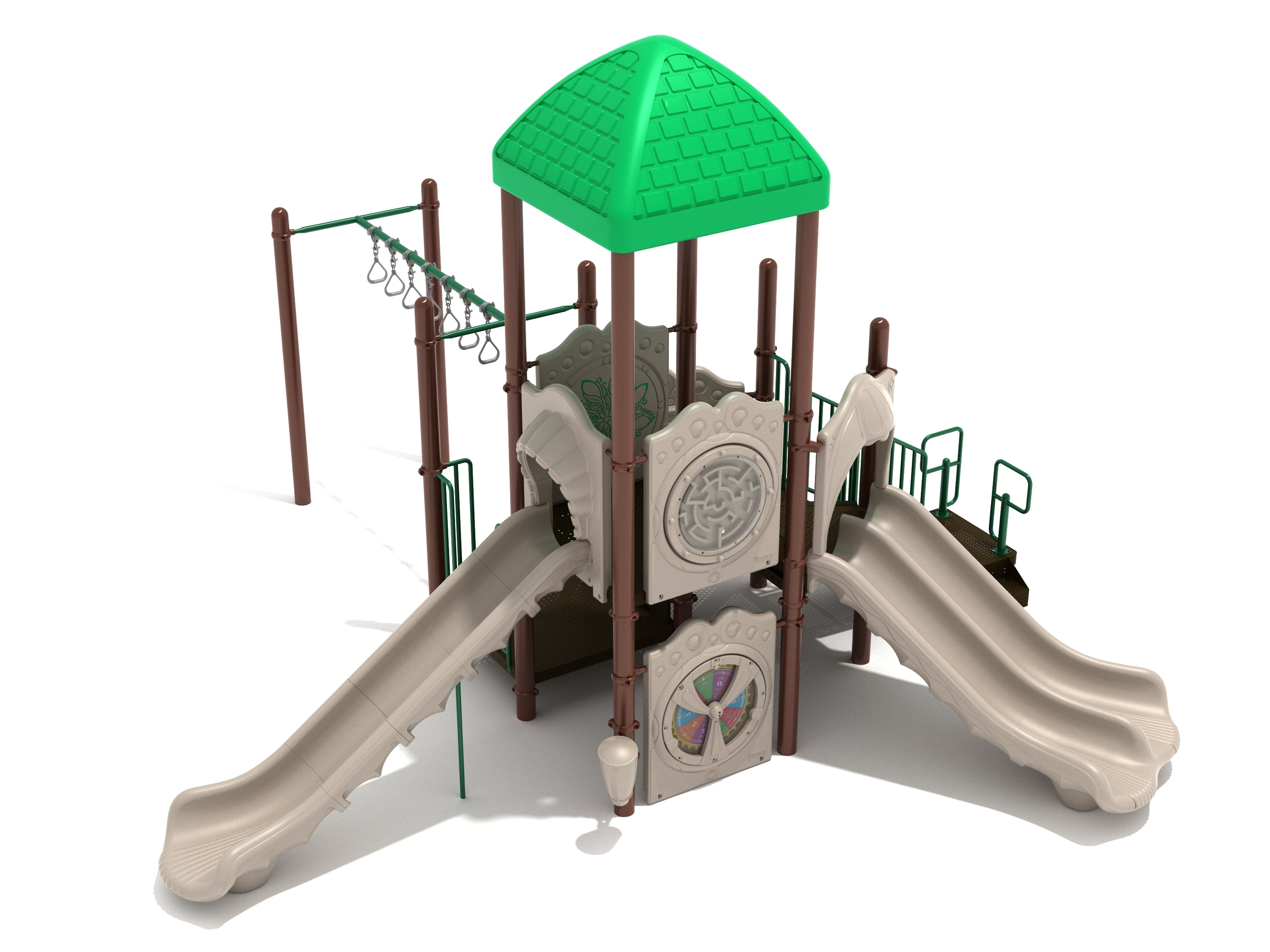 Founders Club Playground with green roof, beige double and straight slides, activity panels, and overhead swinging ring ladder