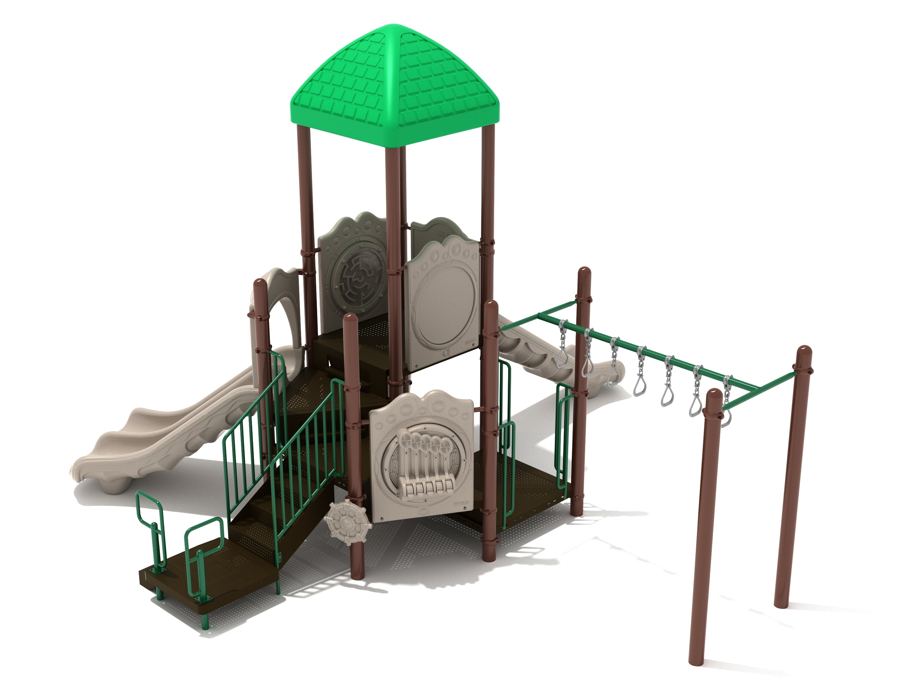 Multi-level playground with green roof, beige double and straight slides, activity panels, and overhead swinging ring ladder