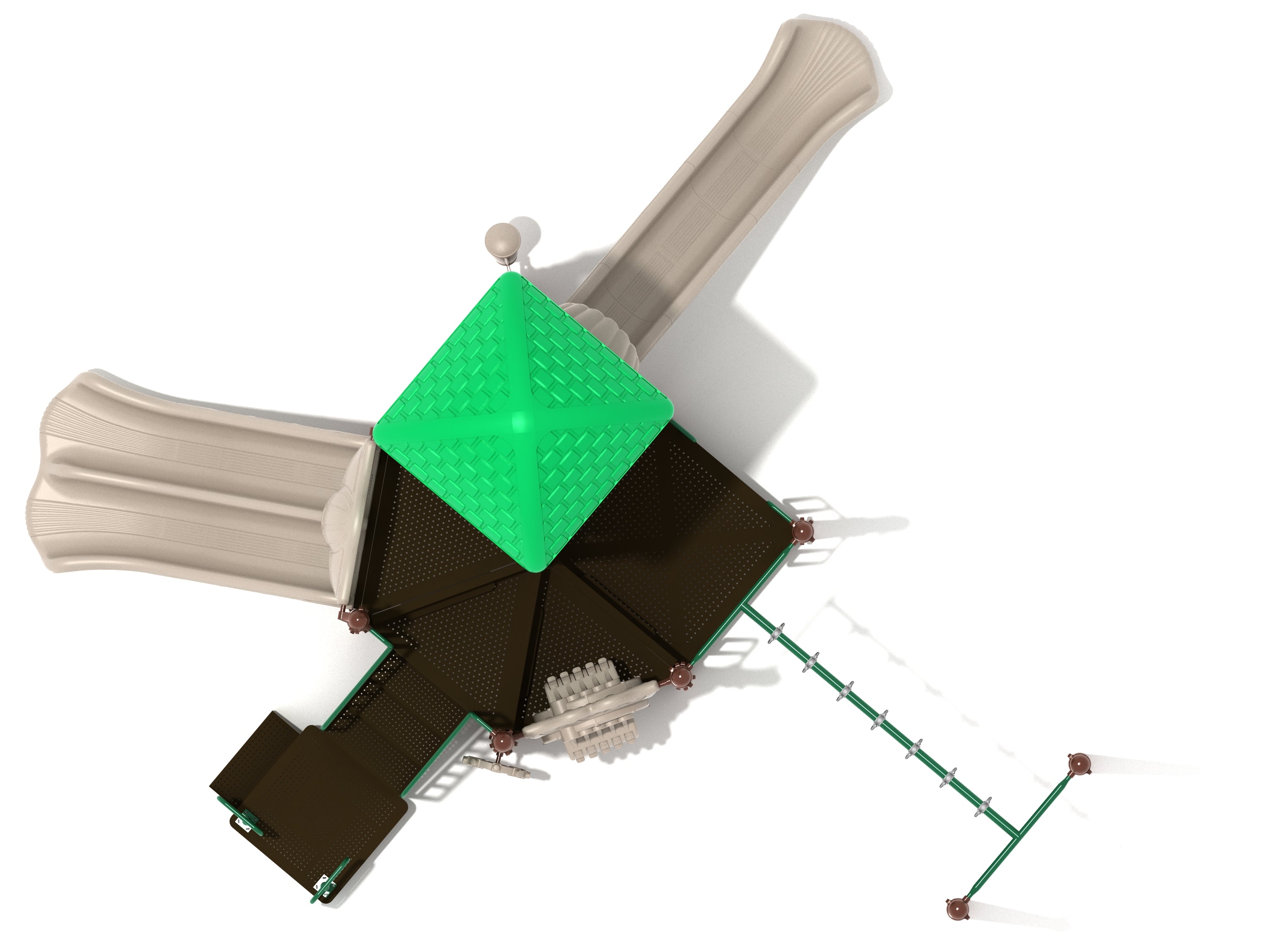 Overhead view of playground with green roof, beige double and straight slides, activity panels, and swinging ring ladder