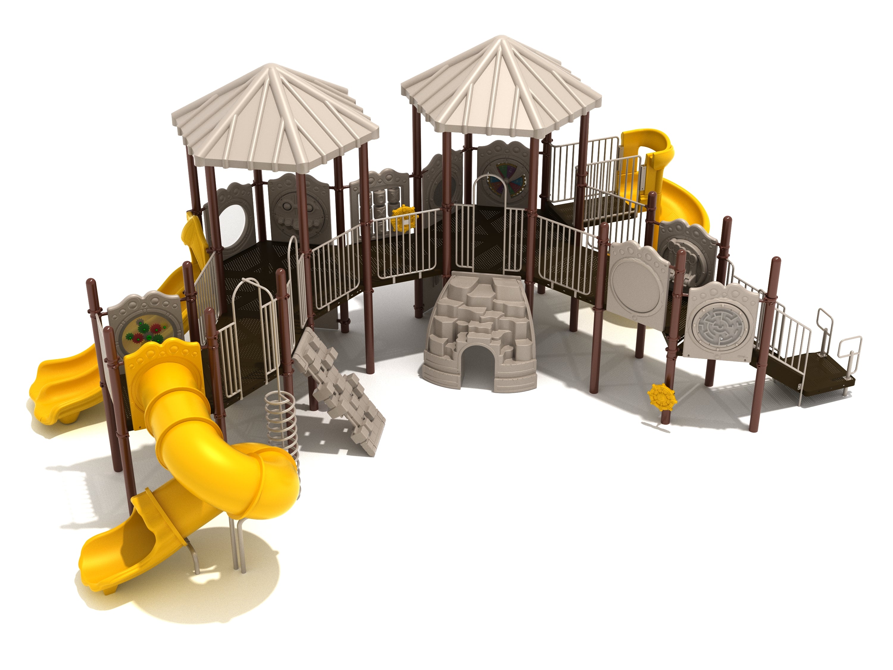 Lawton Loop Playground with beige roofs, yellow spiral tube and open slides, double wave slide, rock hole and pixel climbers, and interactive activity panels