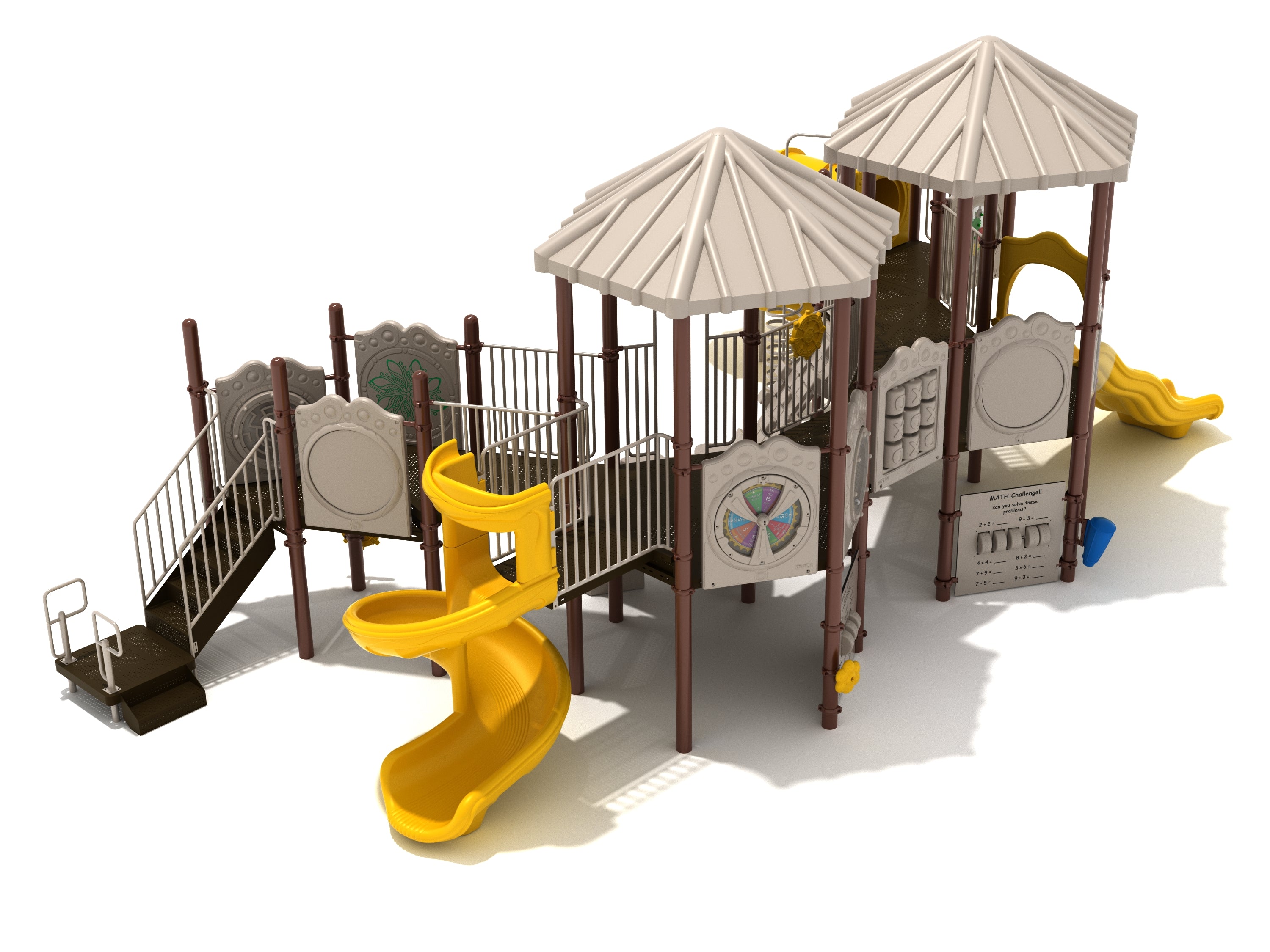 Outdoor playground with beige roofs, yellow spiral tube and open slides, double wave slide, activity panels, and climbing features
