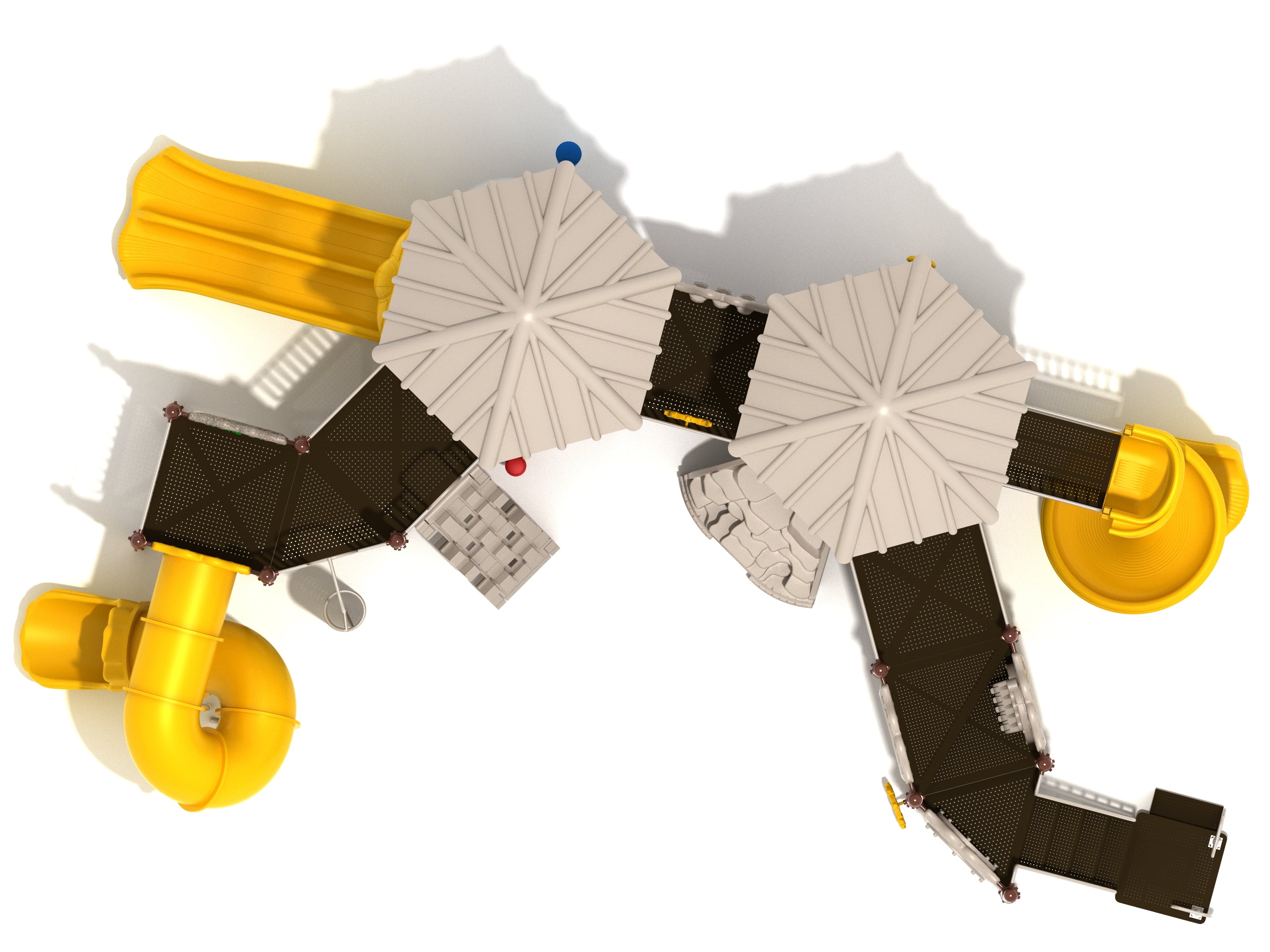 Overhead view of playground with beige canopies, yellow spiral and wave slides, dark brown platforms, and climbing structures