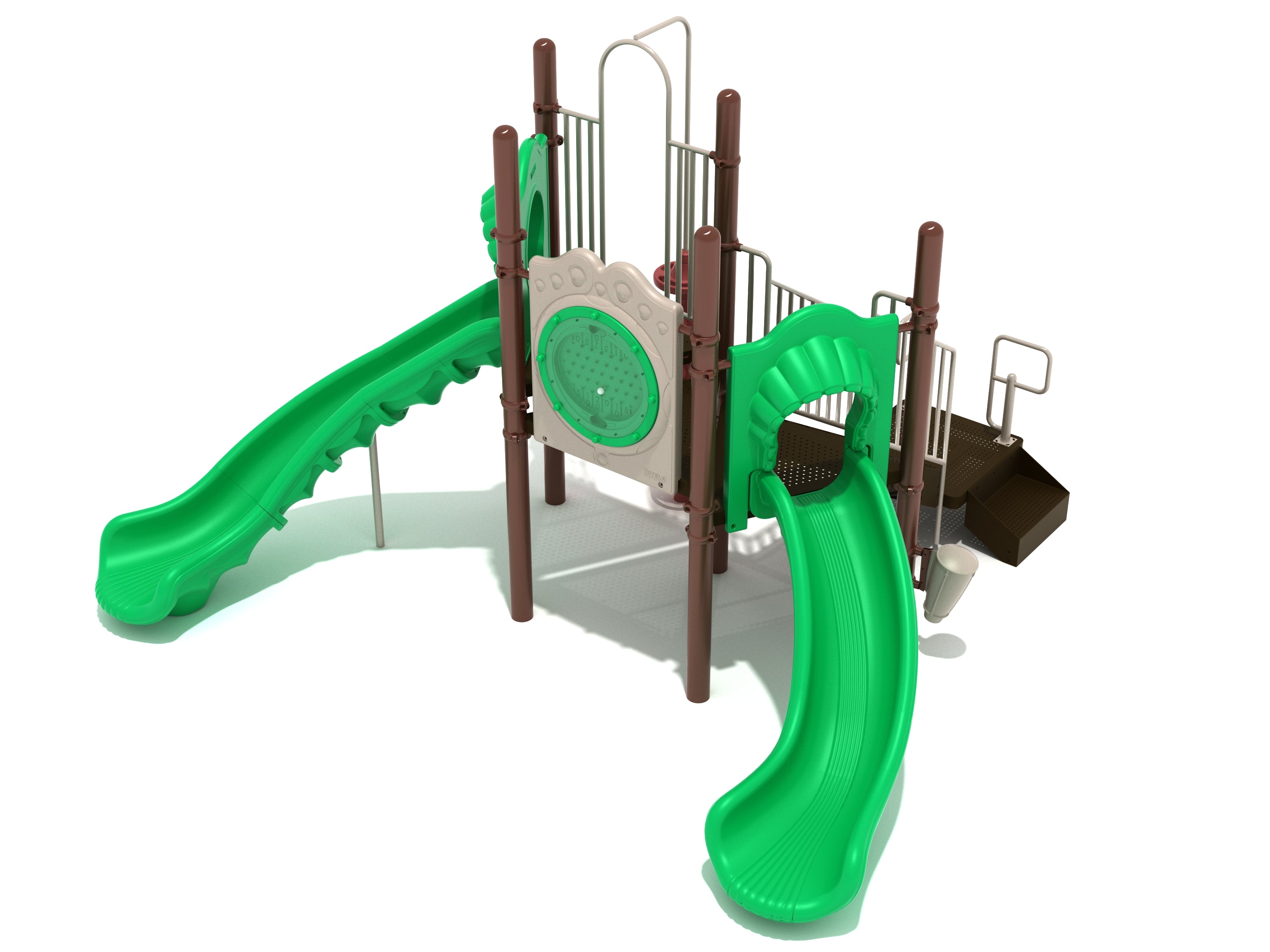 Compact playground structure with two green slides, pod climber with circular steps, activity panel, and musical drum at base