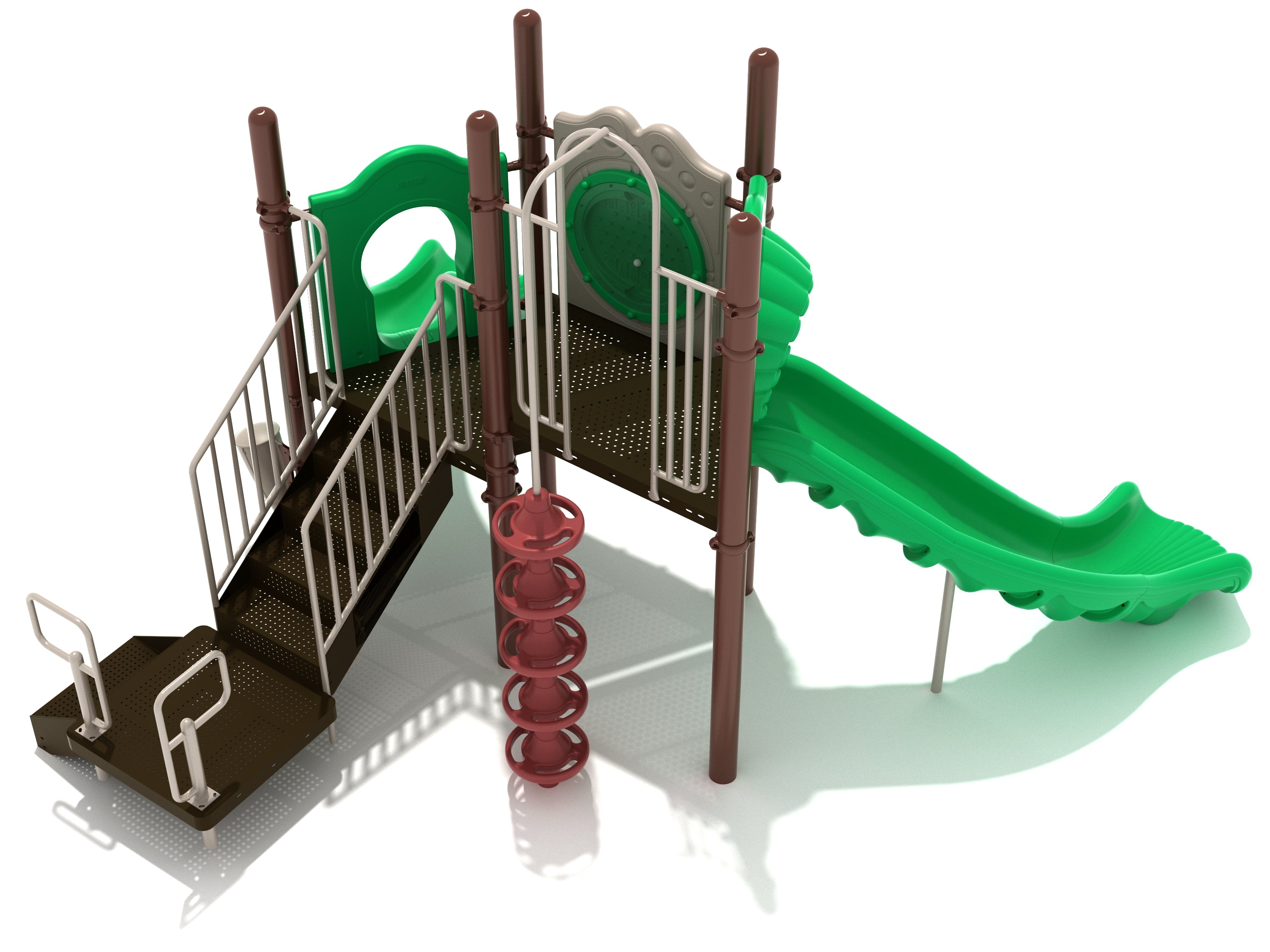 Timbers Edge Playground play system with green left turn slide, brown platform, red pod climber, and activity panel with drum
