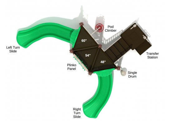 Overhead view of compact playground with two green slides, pod climber, activity panel, transfer station, and single drum