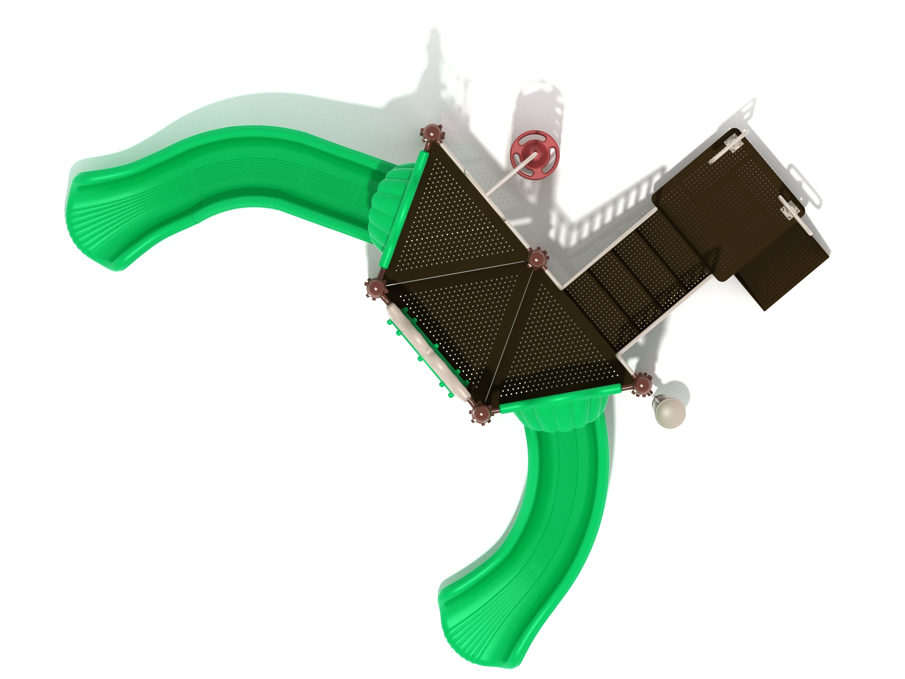 Overhead view of compact playground with two green slides, circular pod climber, climbing steps, activity panels, and a drum.