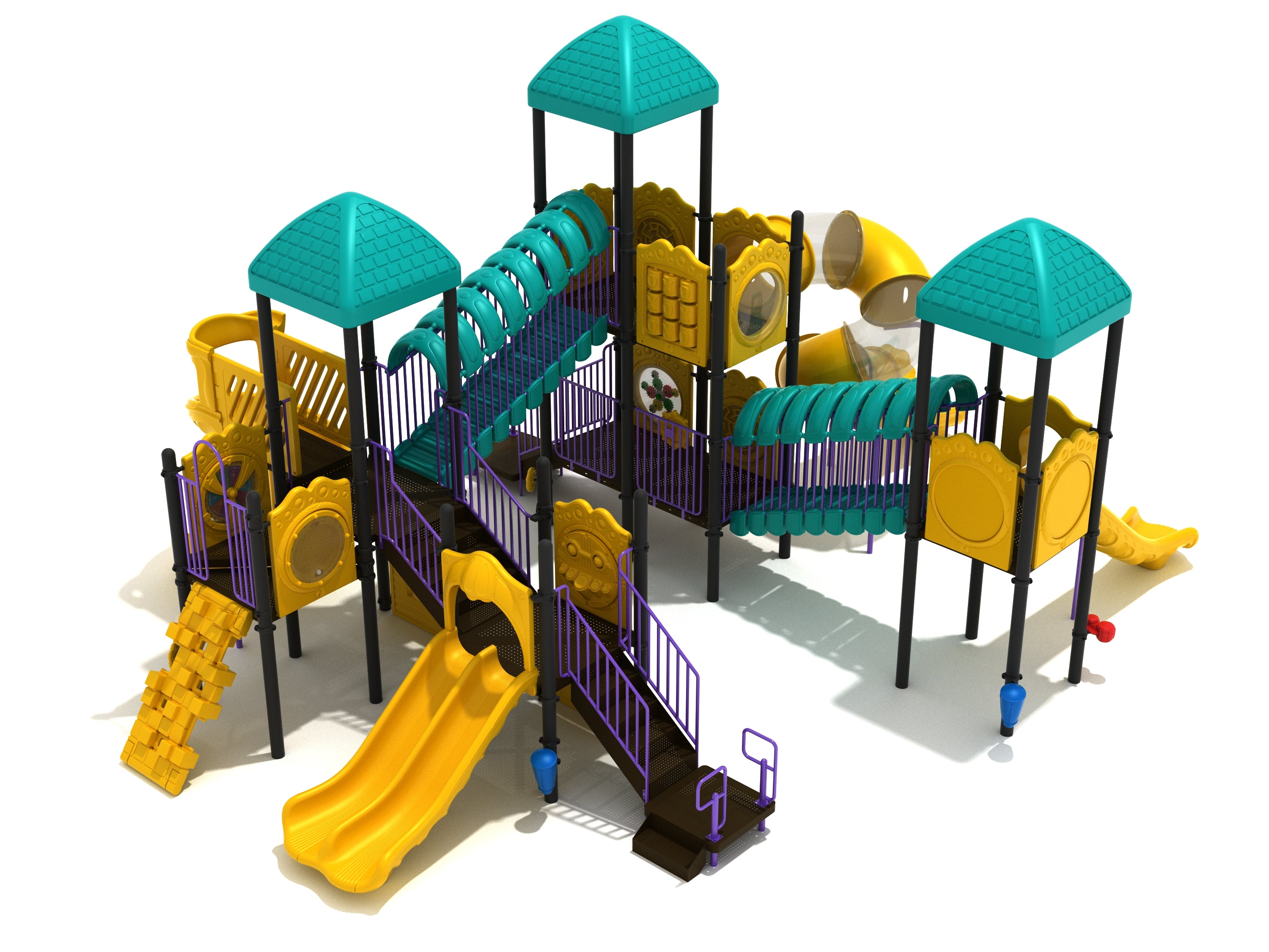 Harrison Square Playground large play system with teal roofs, yellow slides, purple railings, activity panels, and spiral tube slide