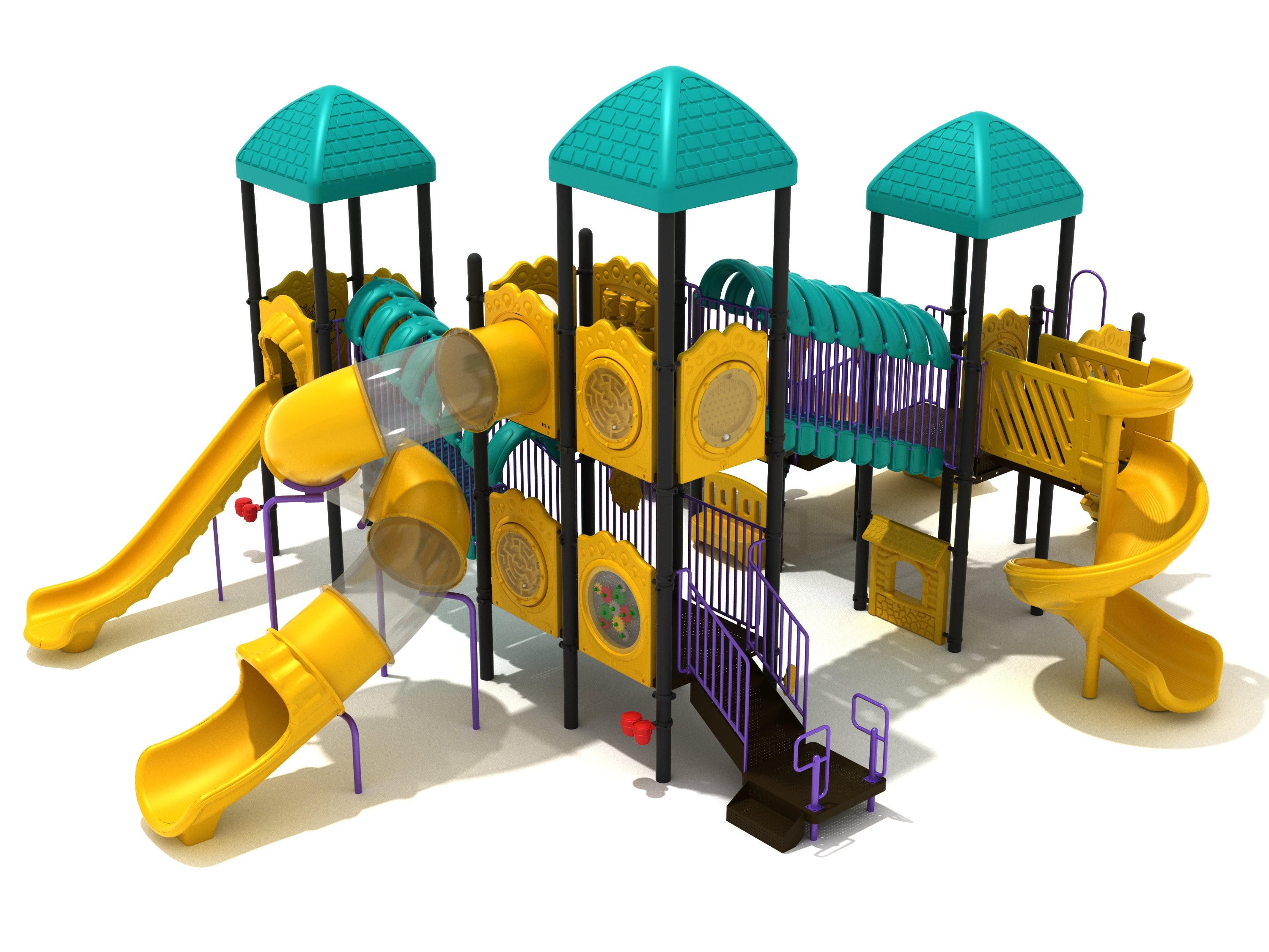 Colorful multi-level playground with slides, climbing elements, activity panels, and covered bridges under teal roofs