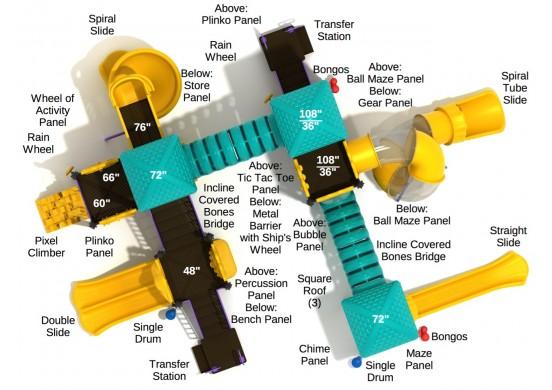 Overhead view of multi-level playground with spiral tube slides, straight slides, covered bridges, and activity panels