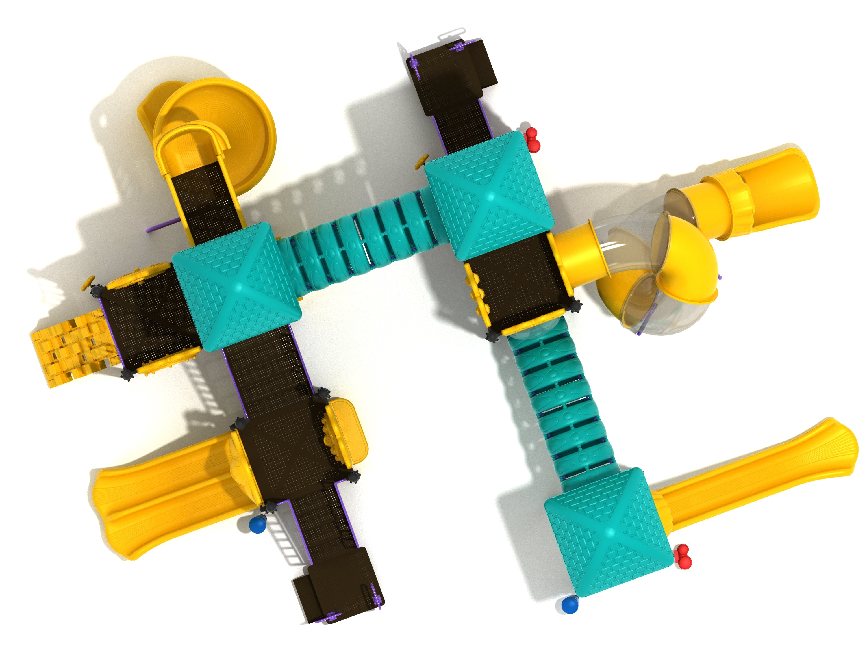 Overhead view of colorful playground with multiple slides, bridges, climbers, and activity panels in yellow, teal, and black