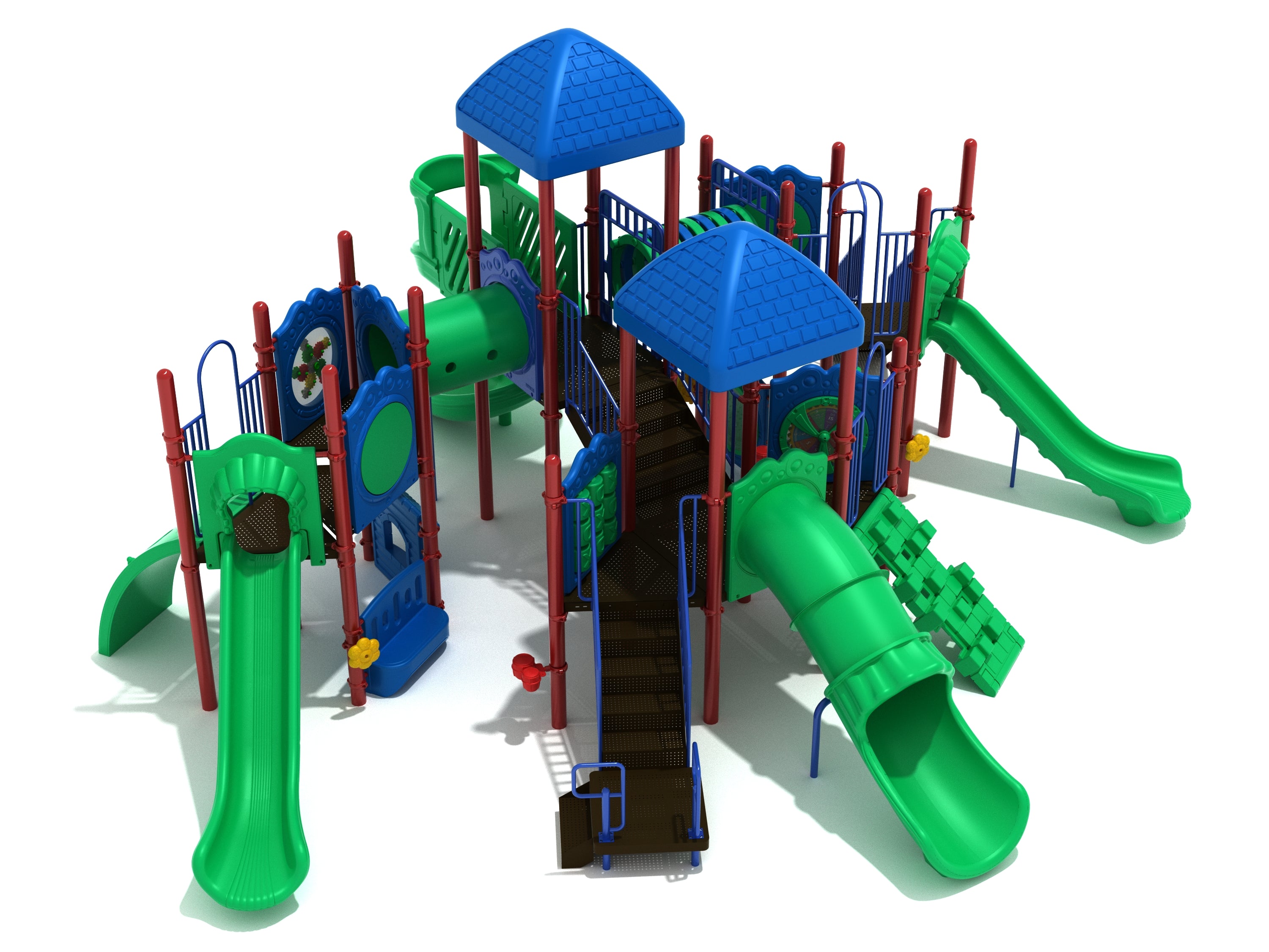 Roaring Fork Playground large play system with blue roofs, green slides, climbing panels, and musical activity features including bongos and chimes