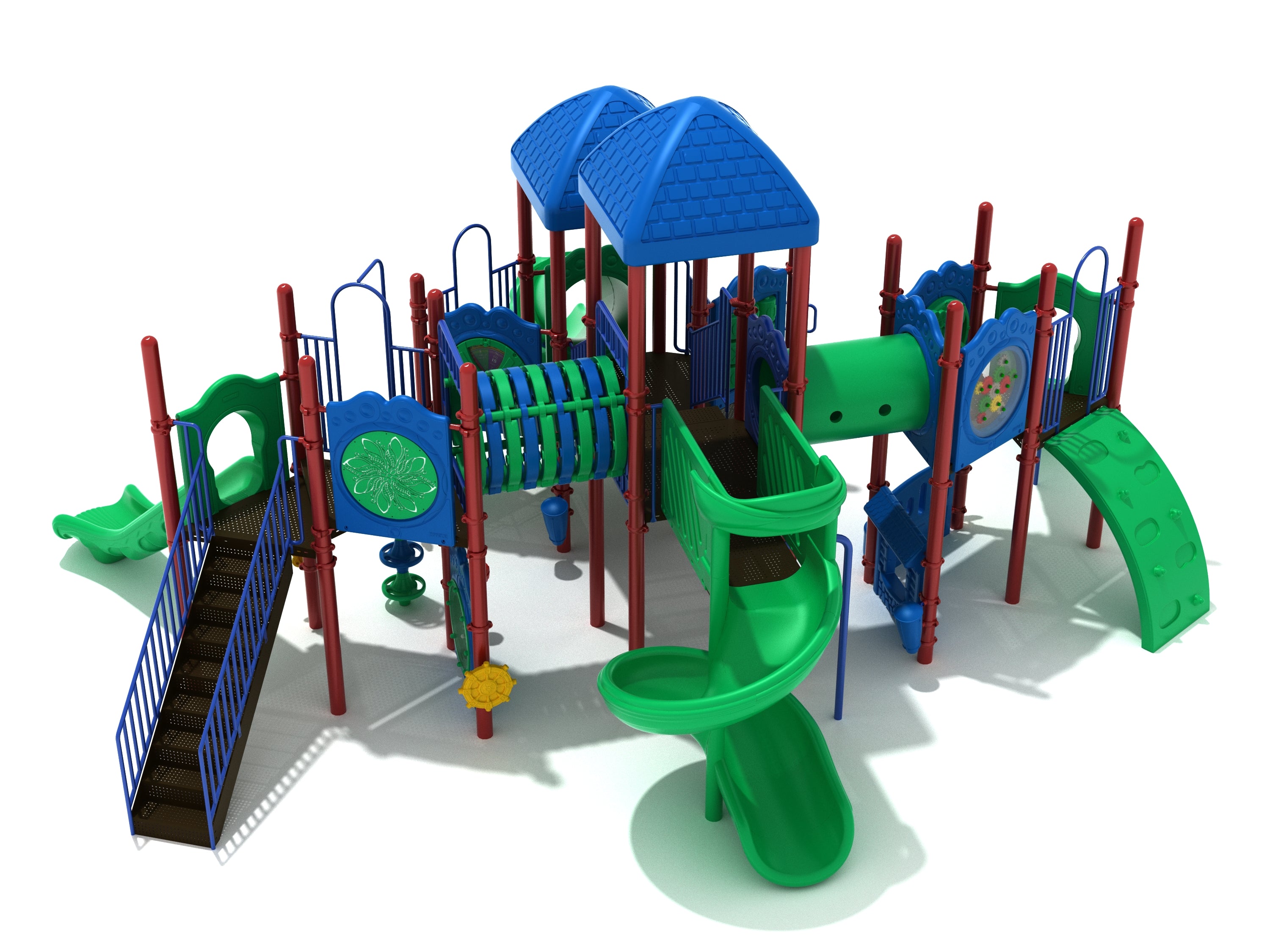 Colorful playground structure with blue roofs, green slides, climbing walls, tunnels, and interactive musical panels