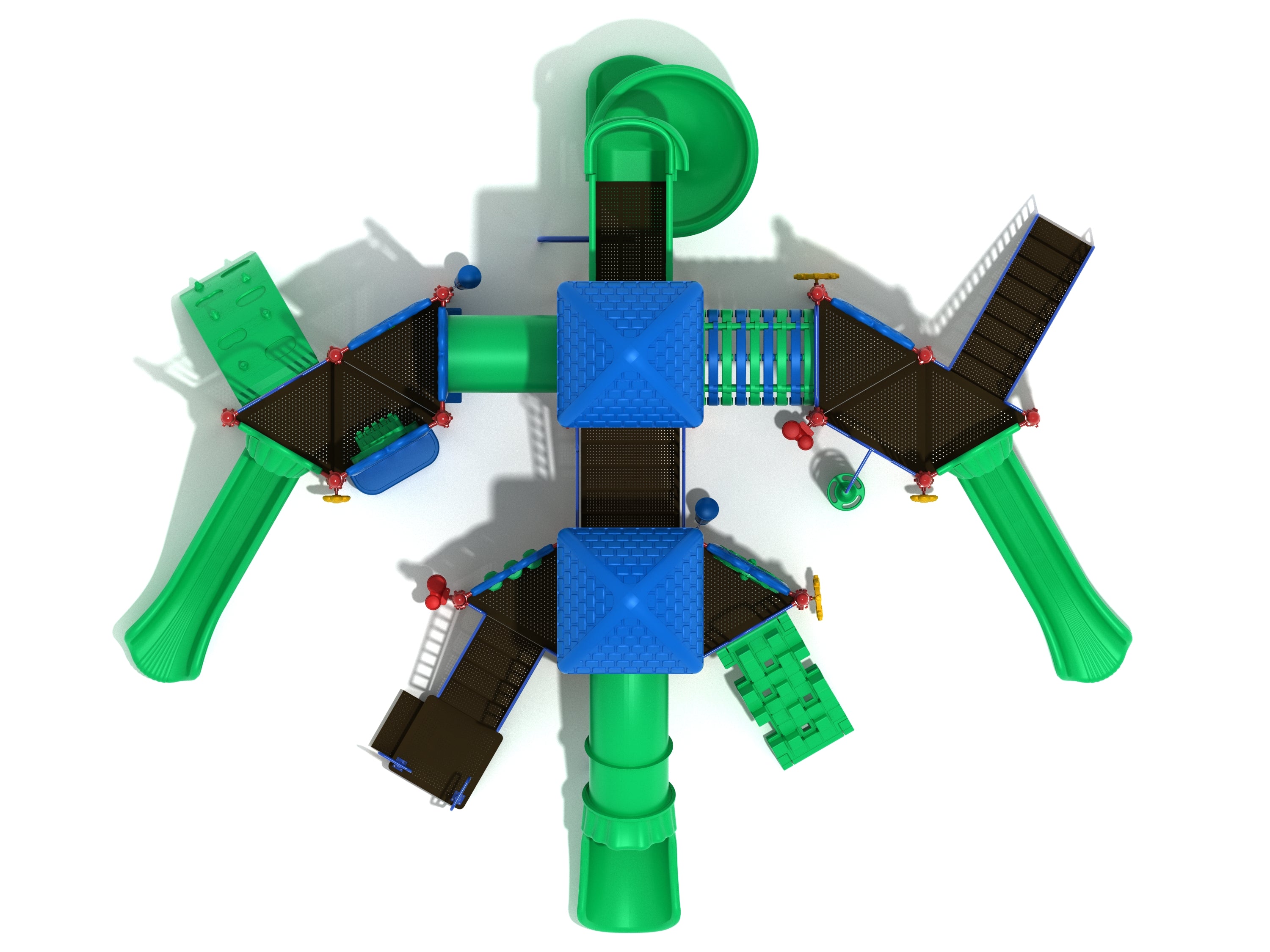 Overhead view of a large playground with green slides, blue roofs, climbing elements, and musical play features