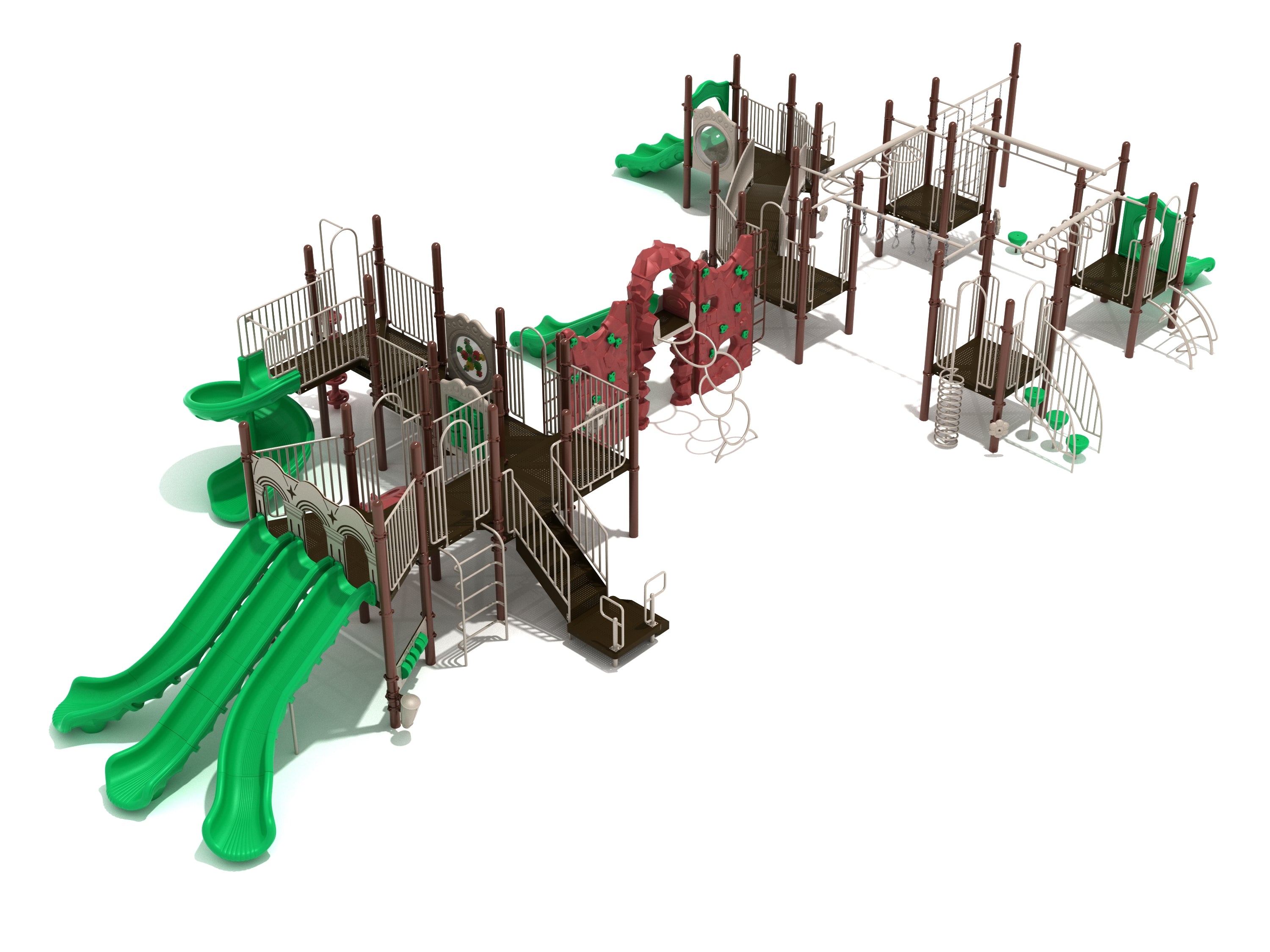 Buffalo Creek Playground large play system with multiple green slides, climbing walls, overhead climbers, and platforms