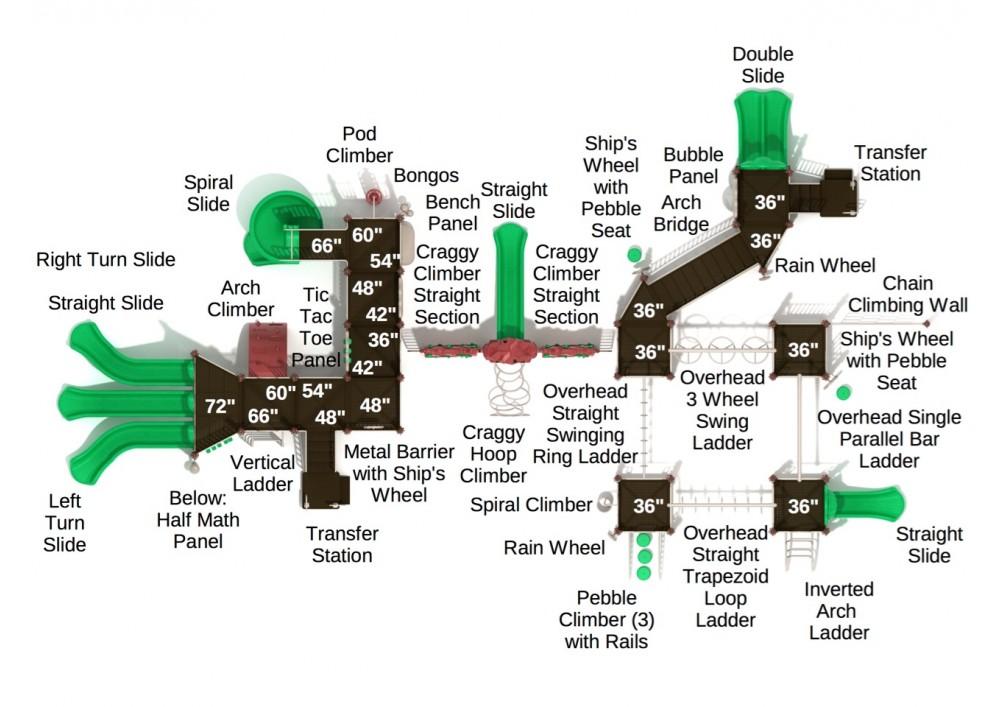 Overhead view of large playground with multiple slides, climbers, ladders, and interactive play panels in a sprawling layout