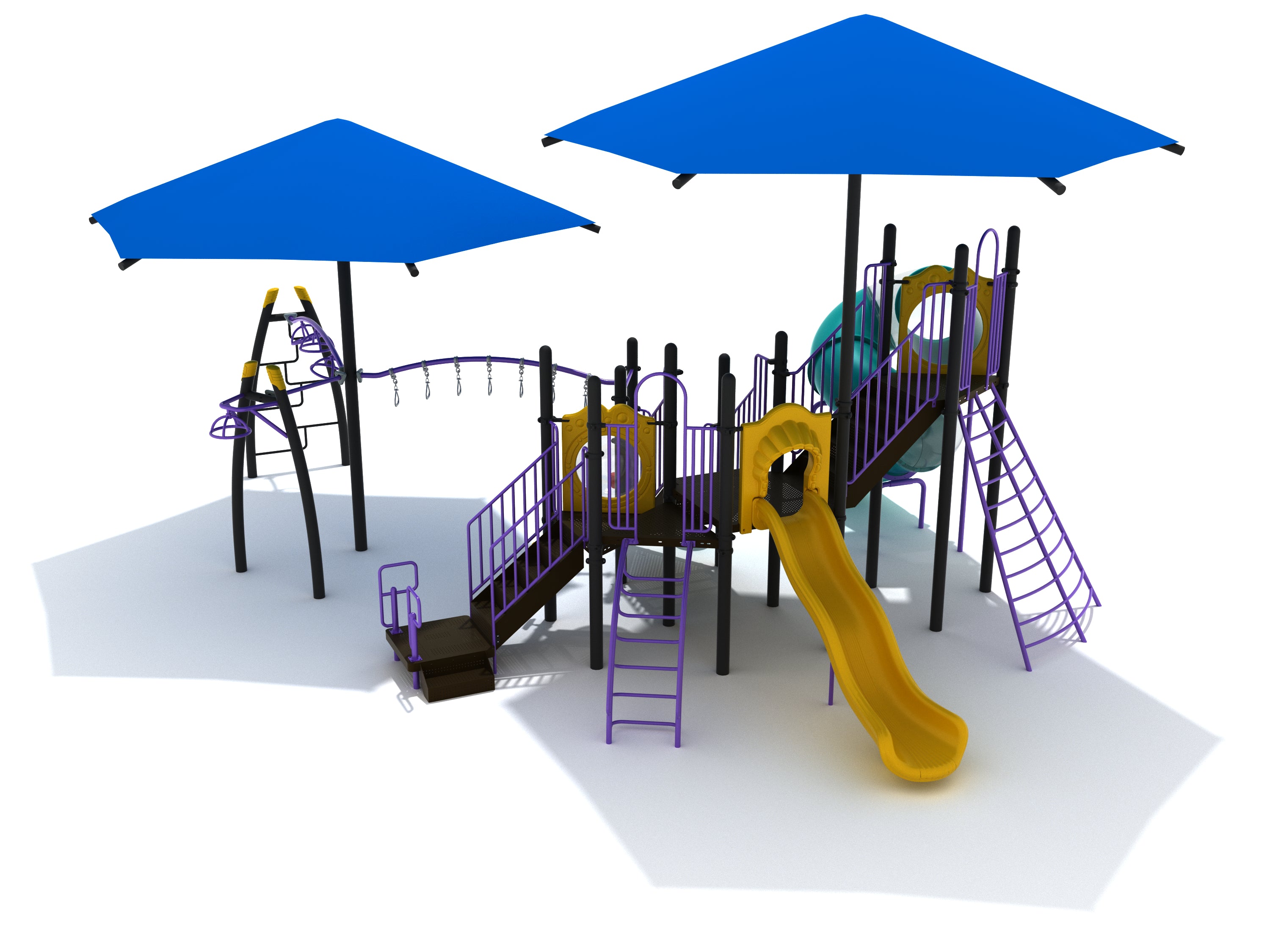 Elevated playground with yellow slide, purple climbing ladders, overhead spinner, and blue shade canopies