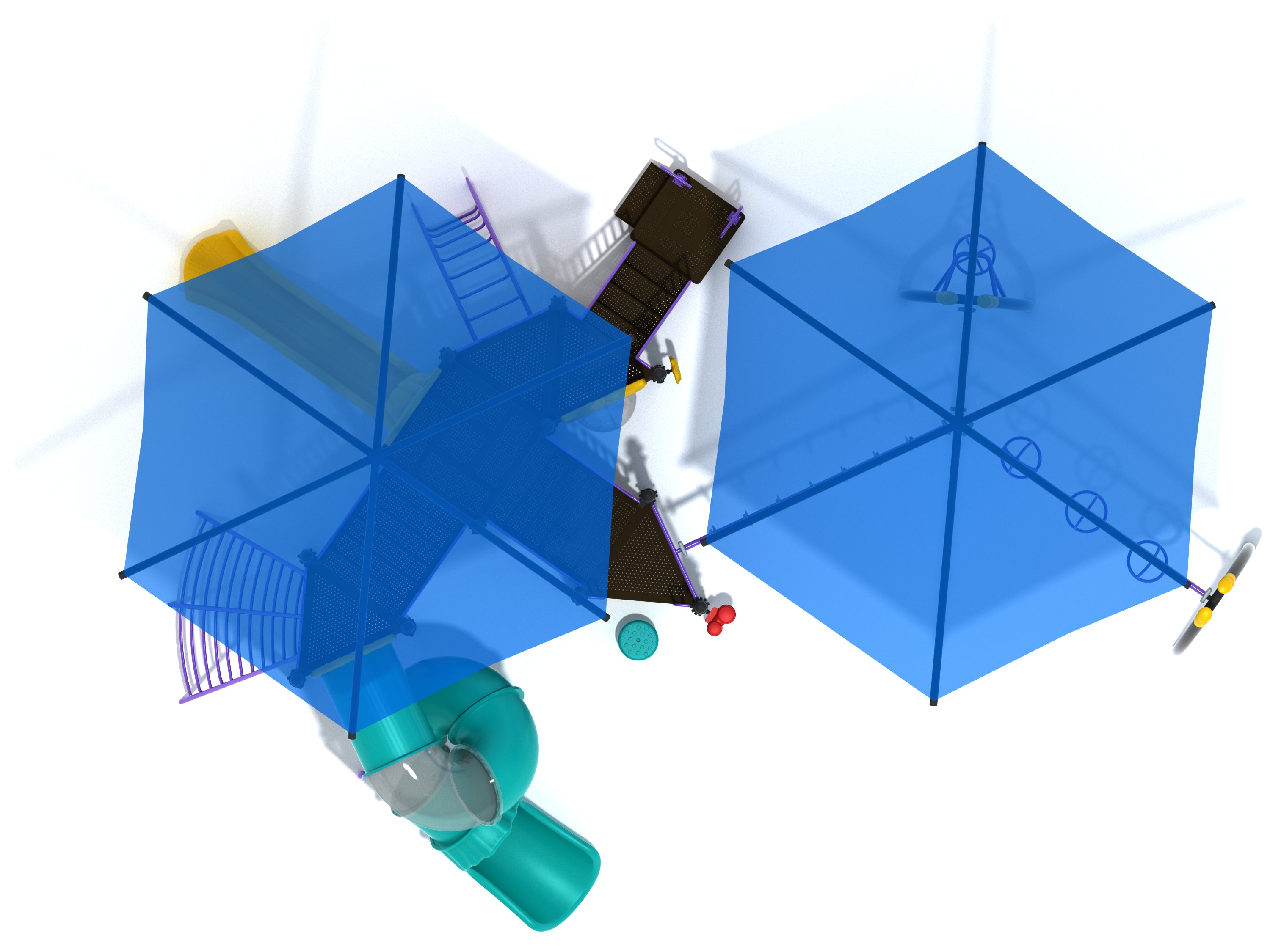 Overhead view of a large shaded playground with slides, climbers, and multiple blue overhead activity structures for active play