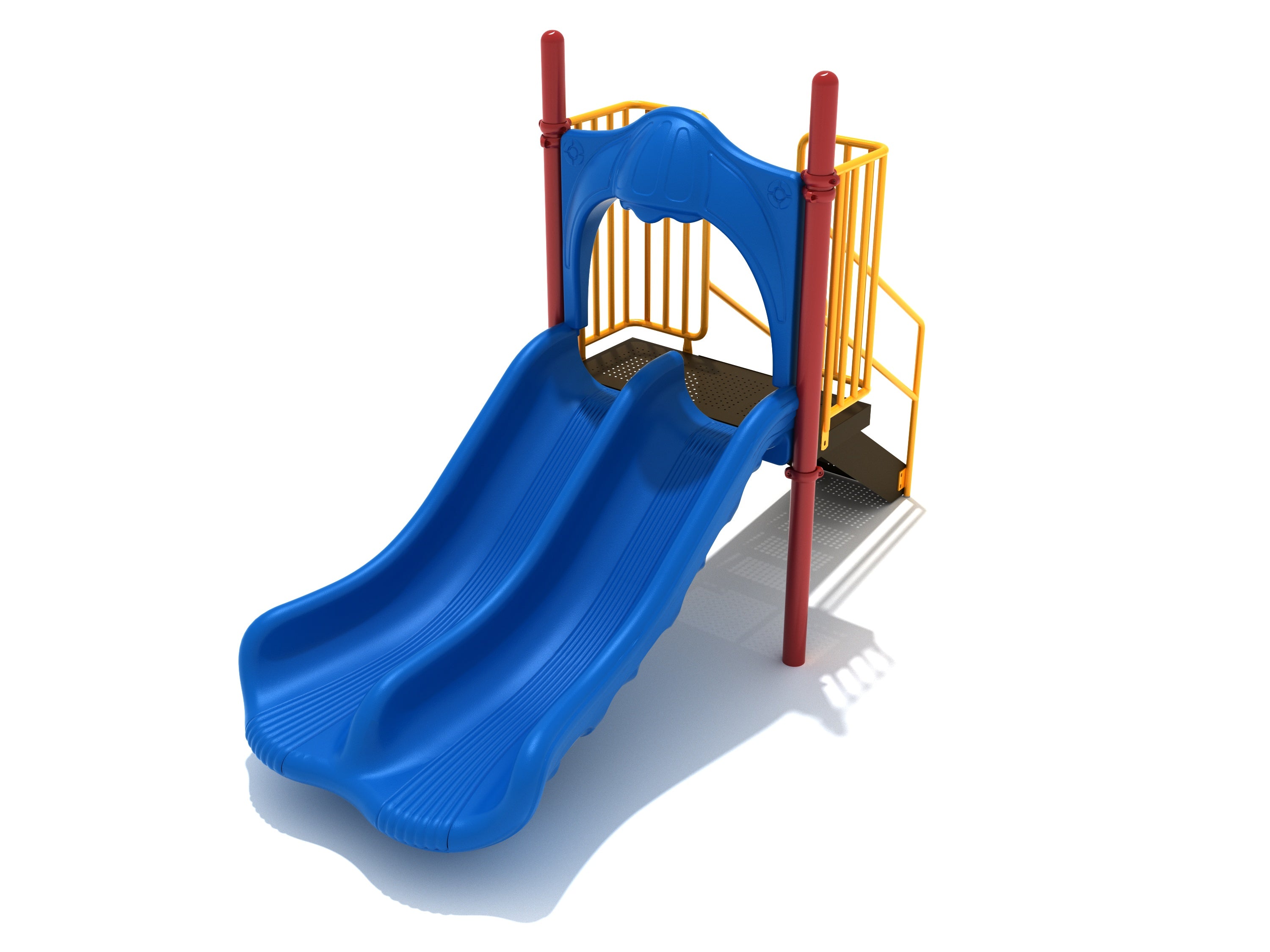 Double Straight Slide with two blue side-by-side chutes, yellow handrails, red support posts, and textured platform deck