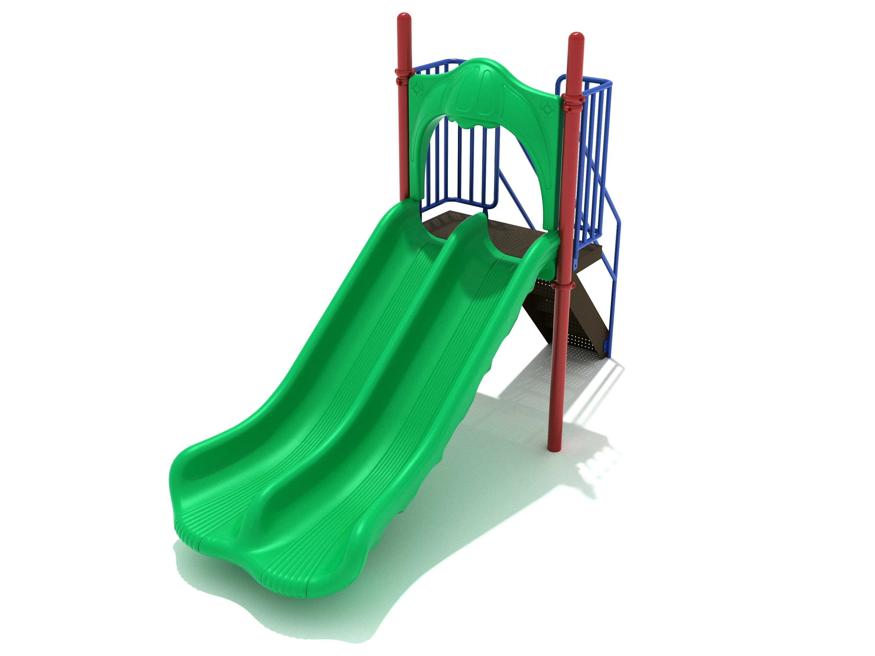 Green double straight playground slide with red posts, blue handrails, and galvanized steel stairs