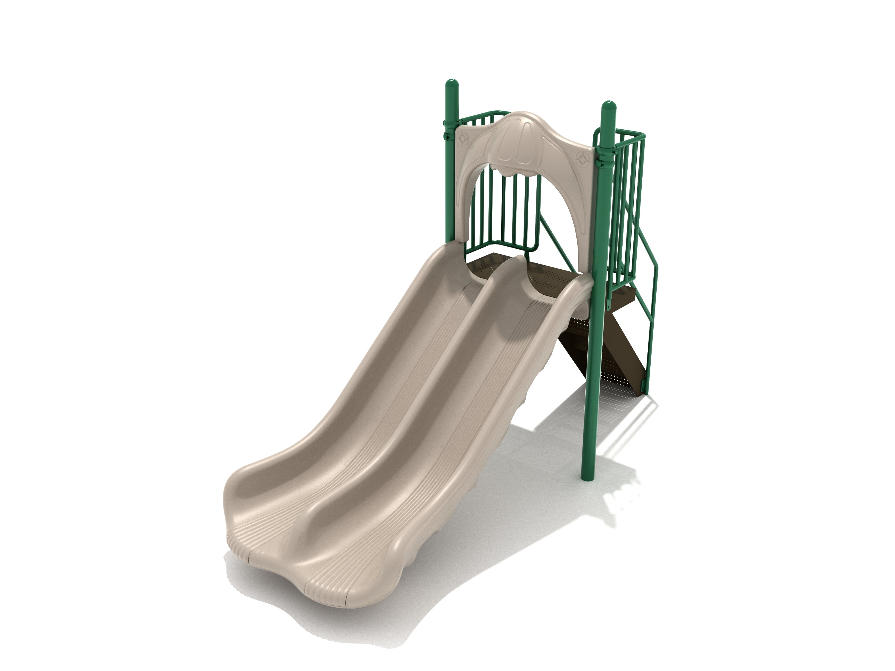 Double straight playground slide with beige sliding lanes, green support posts, and metal stairs with handrails