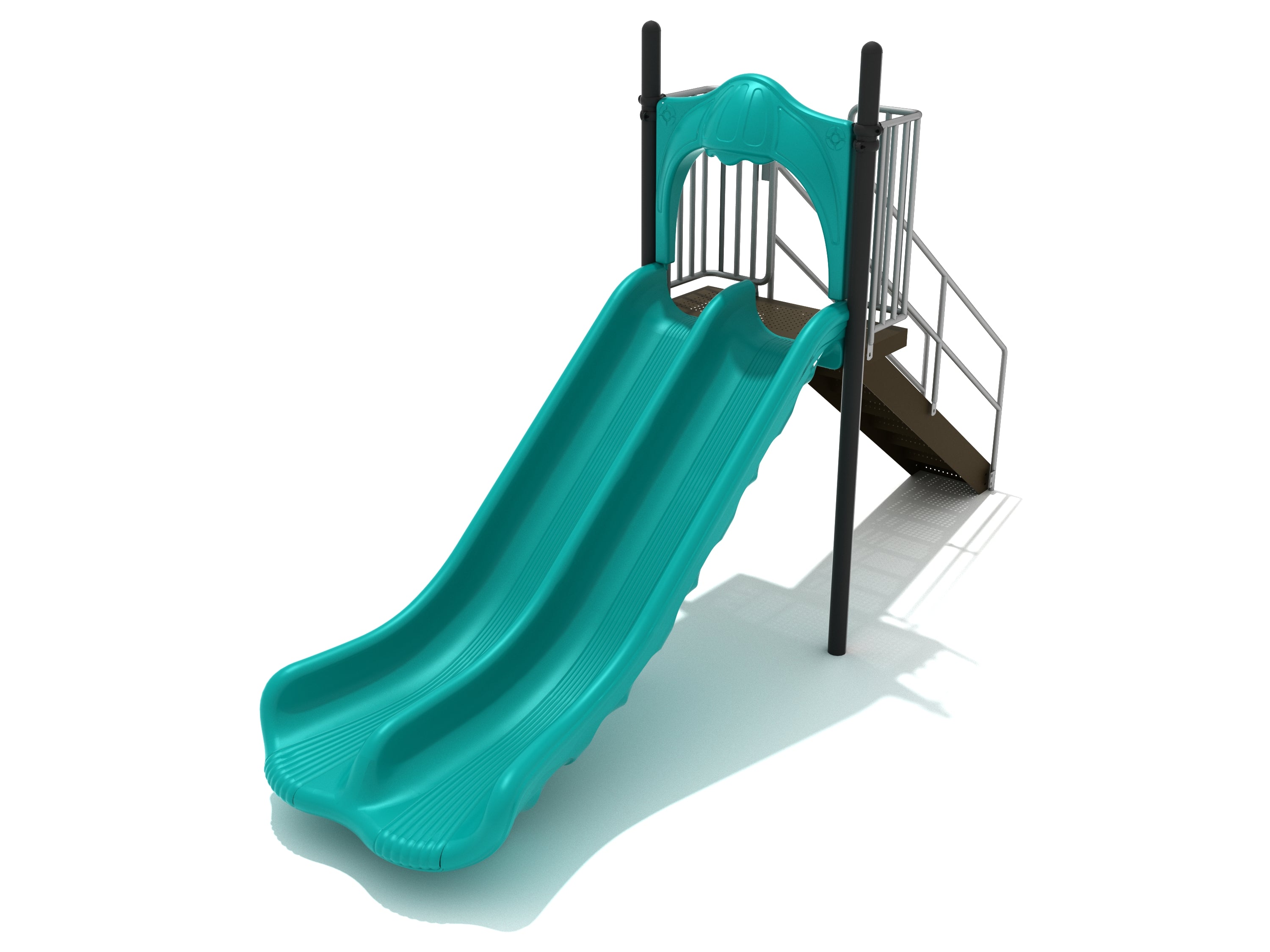 Two-lane turquoise playground slide with textured steps, handrails, and metal stairs for commercial play areas