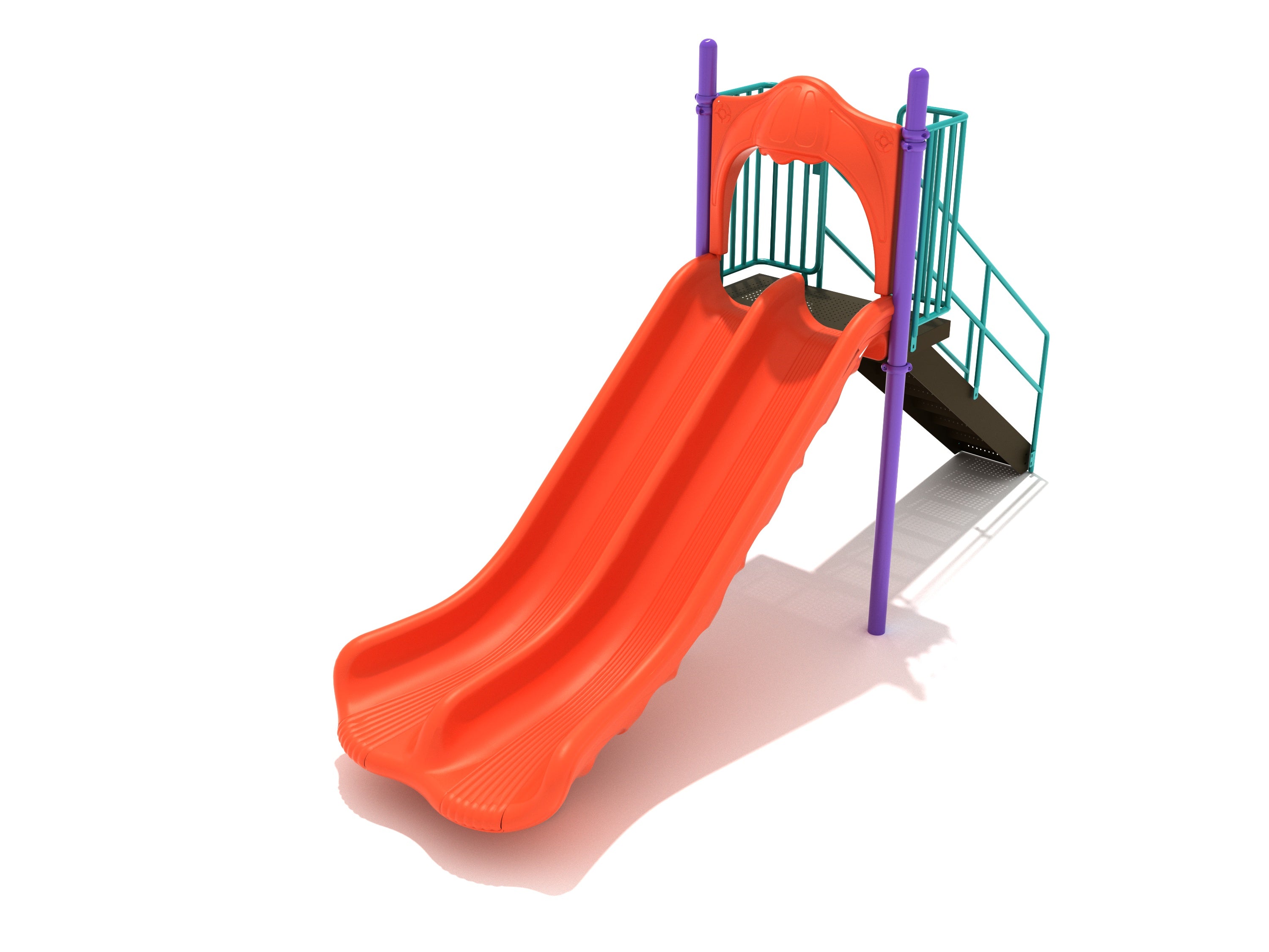 Double Straight Slide with twin orange chutes, teal rails, purple posts, and stairs on white background