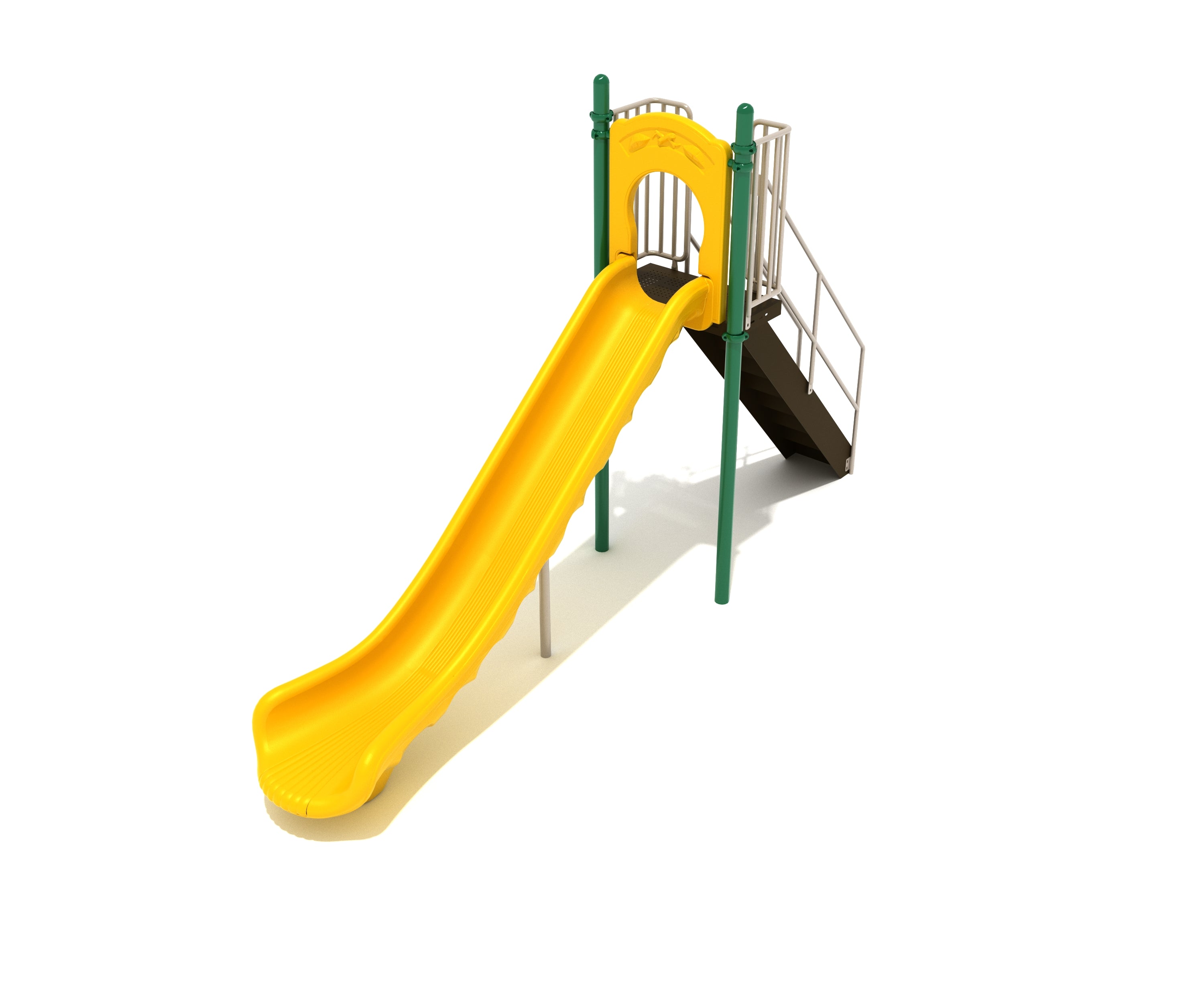 Yellow single-piece straight playground slide with green support posts, brown stairs, and safety rails.