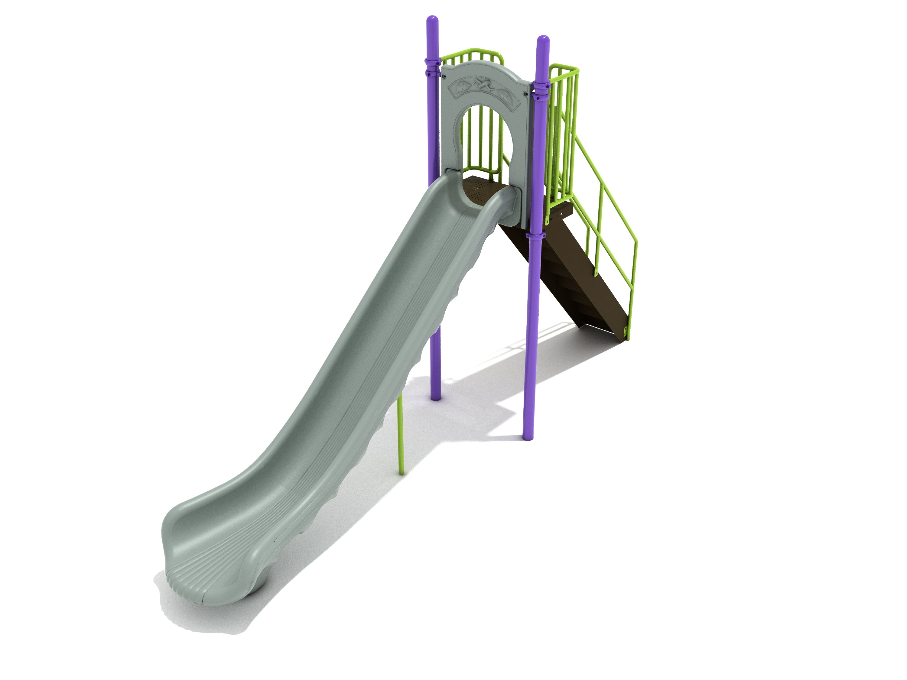 Single Piece Straight Slide 6 Foot Deck with tall gray chute, purple posts, lime green rails, and brown stairs on commercial playground