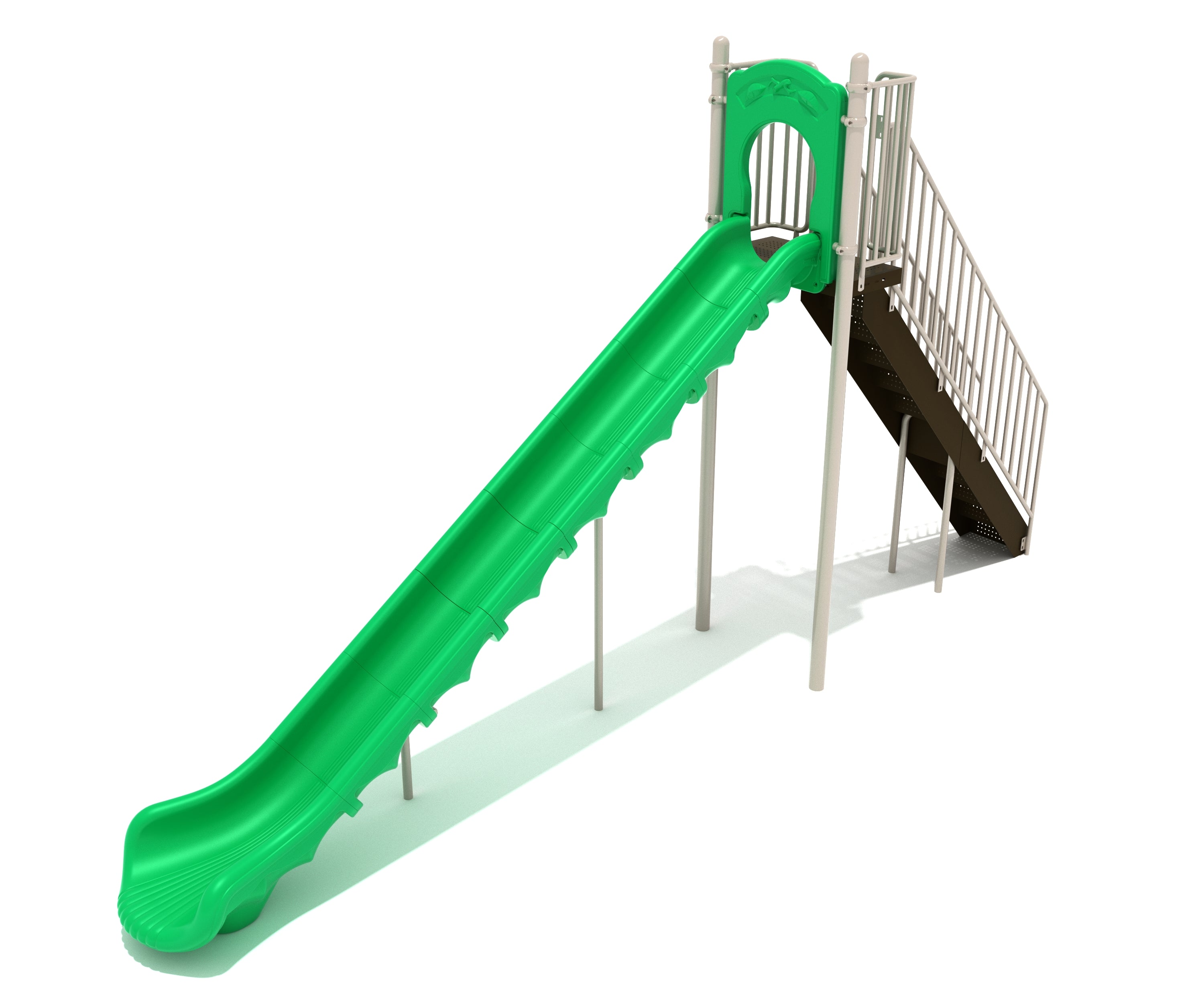 Green one-color sectional straight slide with platform and stairs
