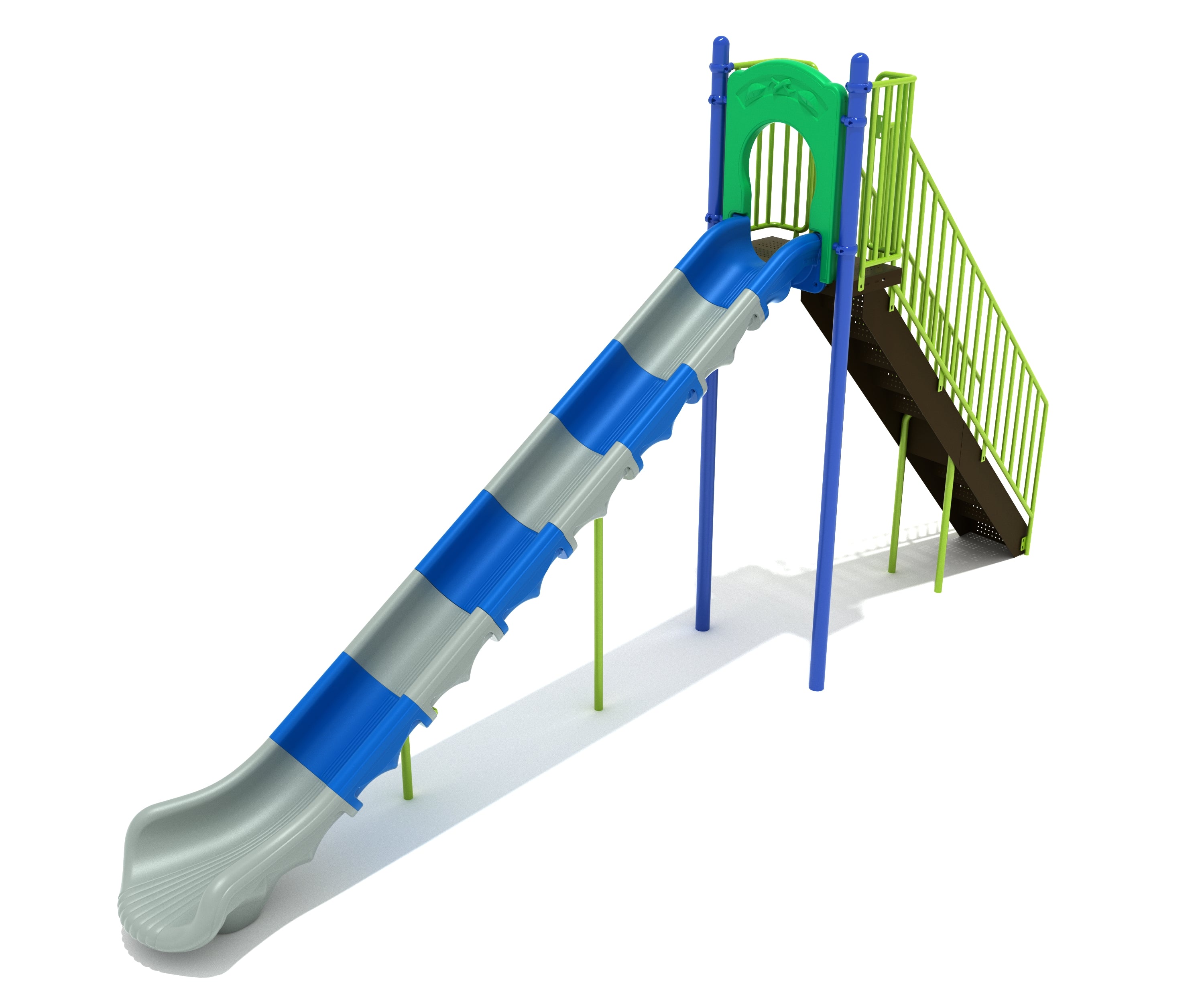 Blue and gray alternating sectional slide with green rails and blue posts