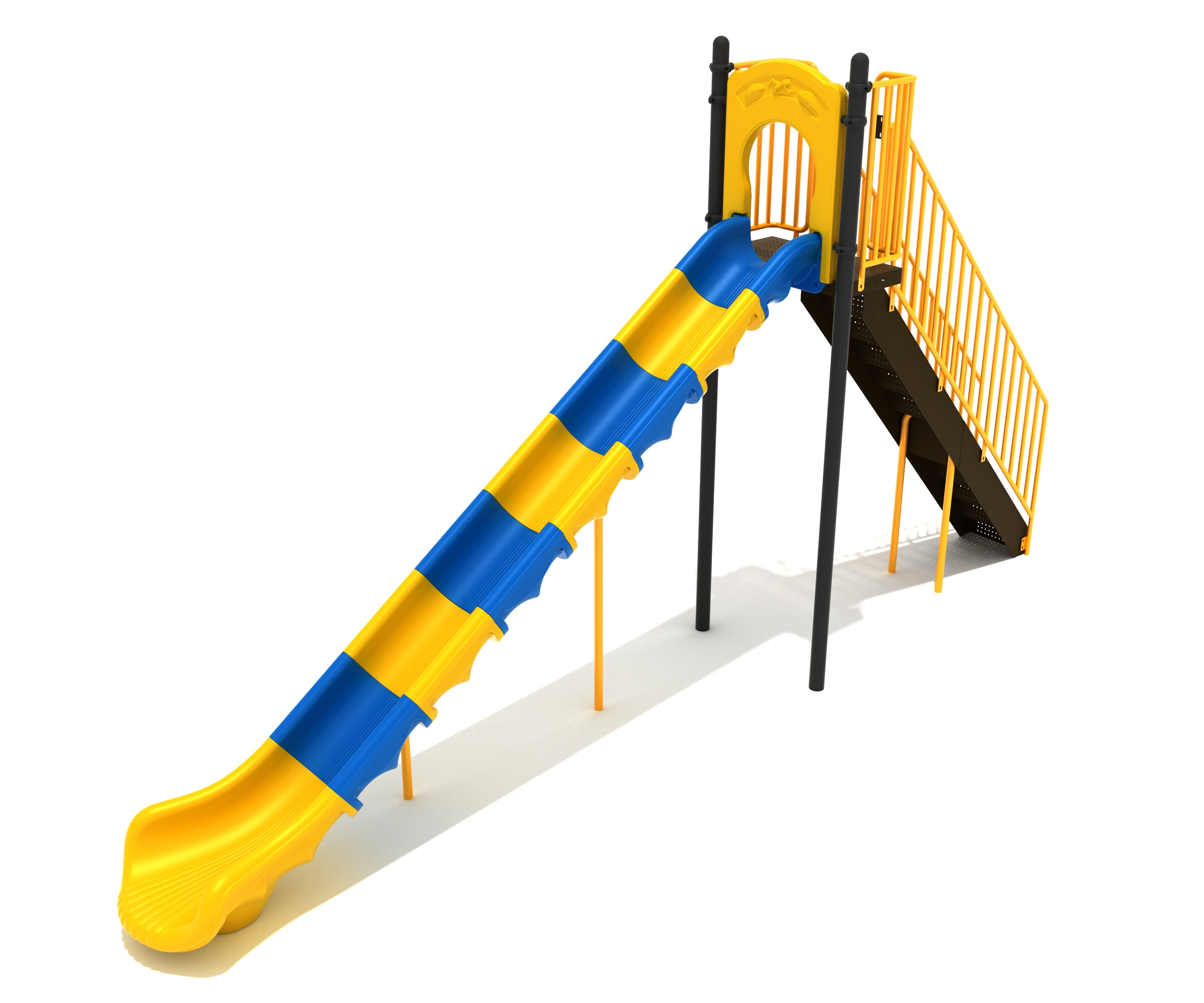 Yellow and blue alternating sectional slide with black posts and yellow rails