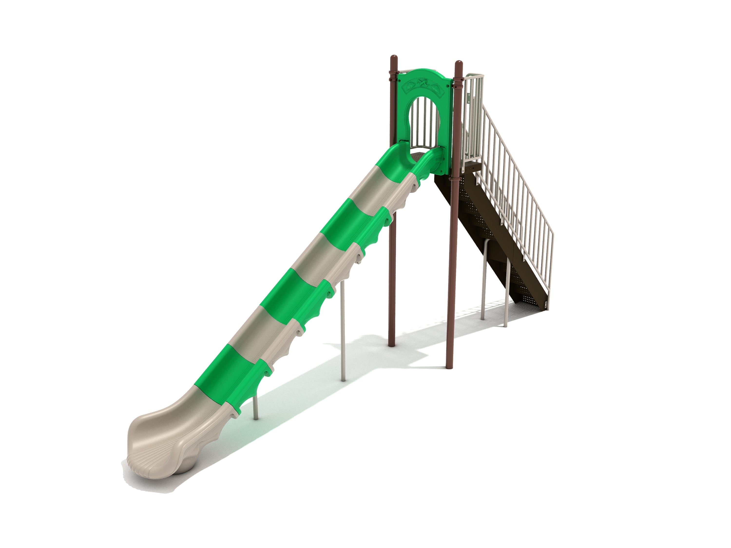 Sectional Straight Slide with alternating green and tan flume sections, sturdy stairway with handrails, and supportive mid-posts