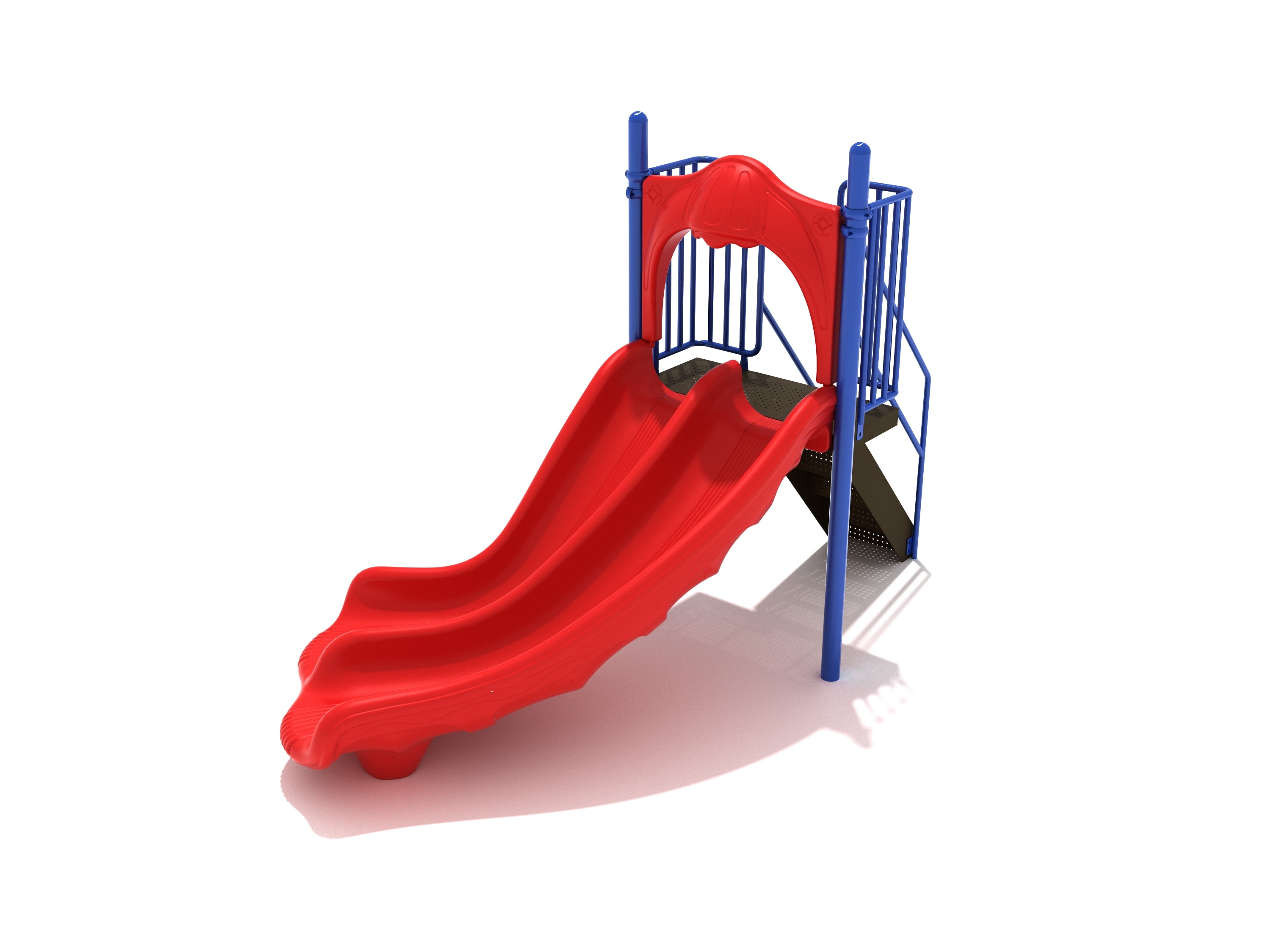 Dual red twisting slides with blue safety rails and black steps on a playground platform