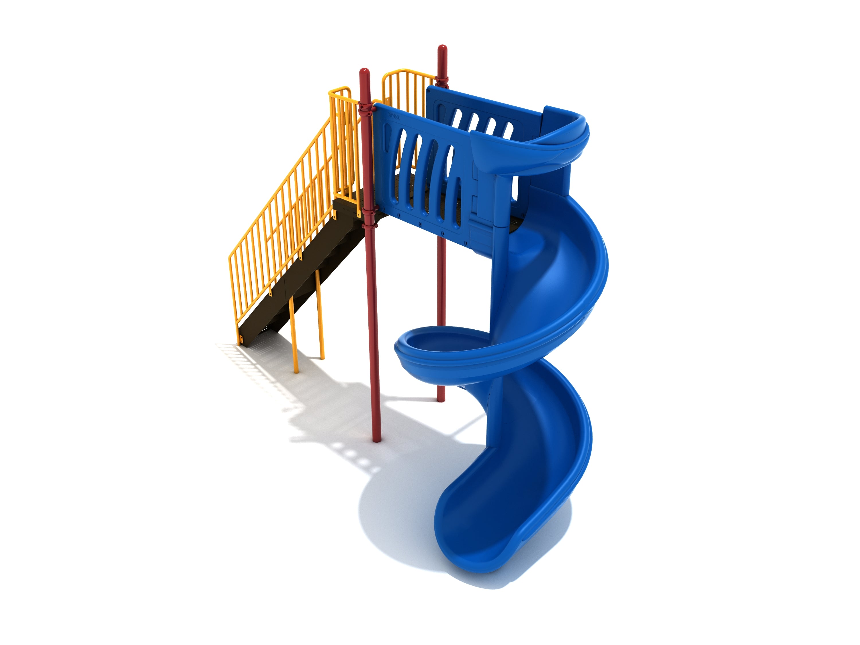 Compact playground spiral slide with blue curved chute, yellow safety rails, and red support posts