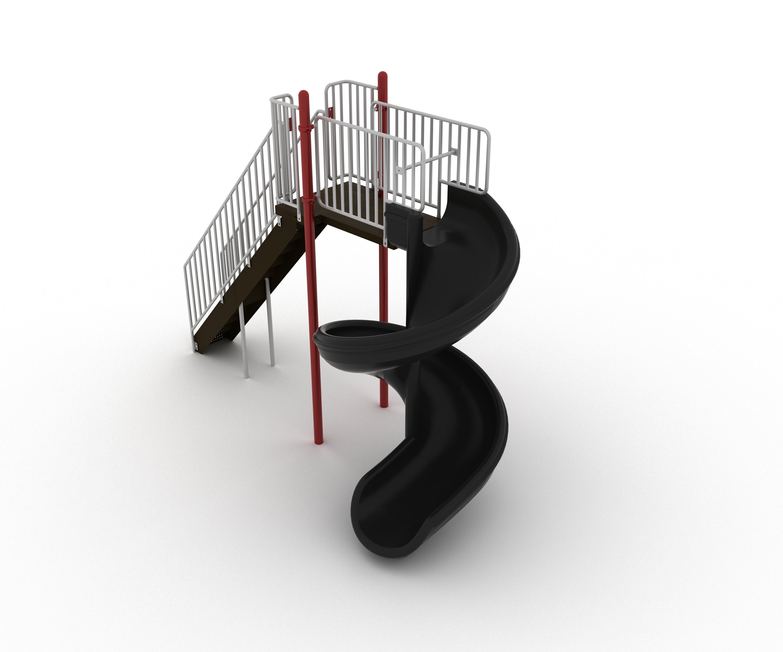 Compact playground spiral slide with black curved chute, red support poles, metal stairs, and safety railings.