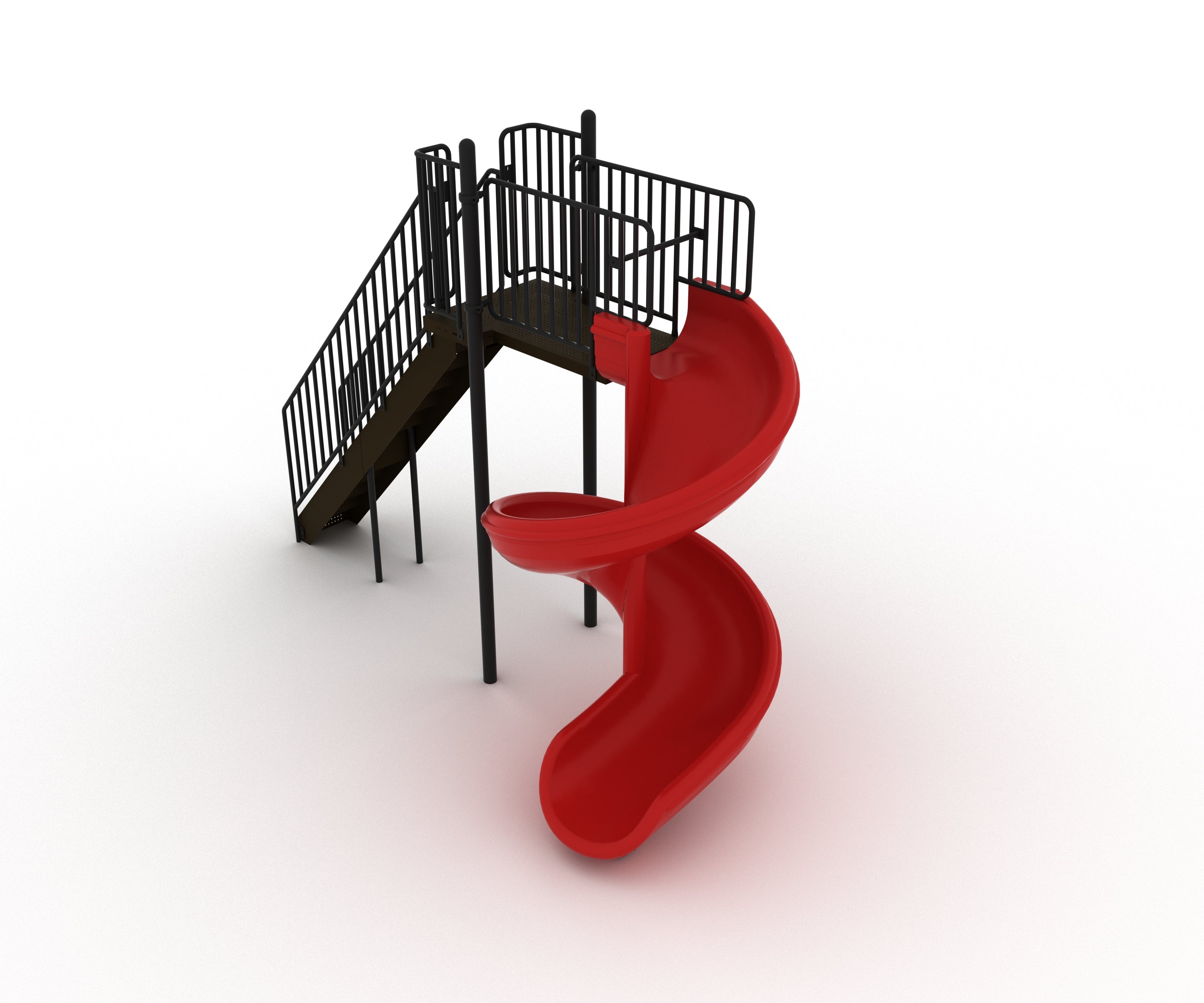 Compact playground spiral slide with red curved chute, black metal stairs, and safety railings for safe, fun play.