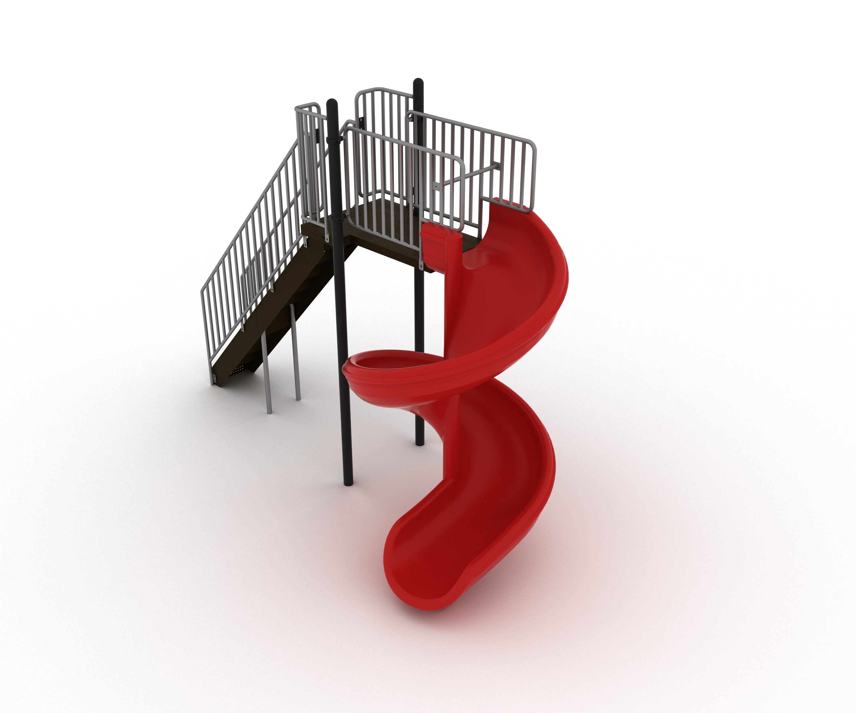 Compact playground spiral slide with red curved chute, metal stairs, safety railings, and elevated deck