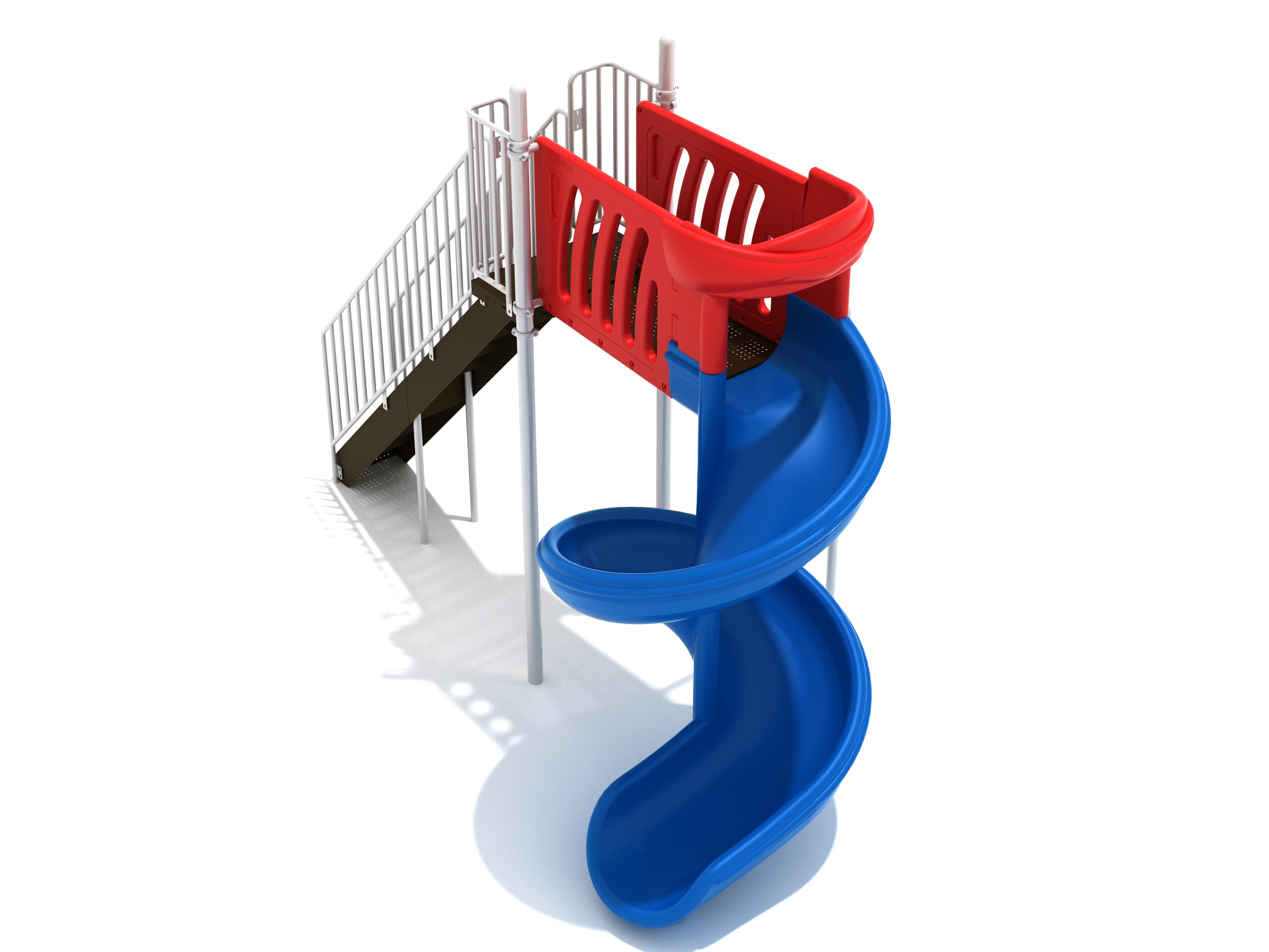 Compact playground spiral slide with blue curved chute, red safety rails, and brown stairs.